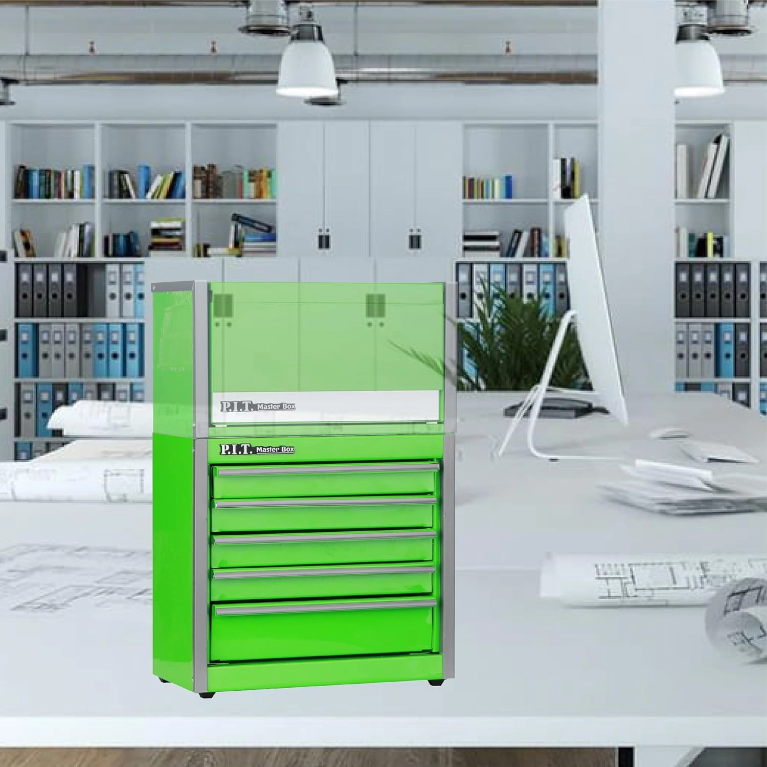 P.I.T. Mini Green Tool Box, Portable 5-Drawer Micro Roll Cab Steel Tool Box with Liner, Green Small Tool Case for Tools Storage, Home DIY