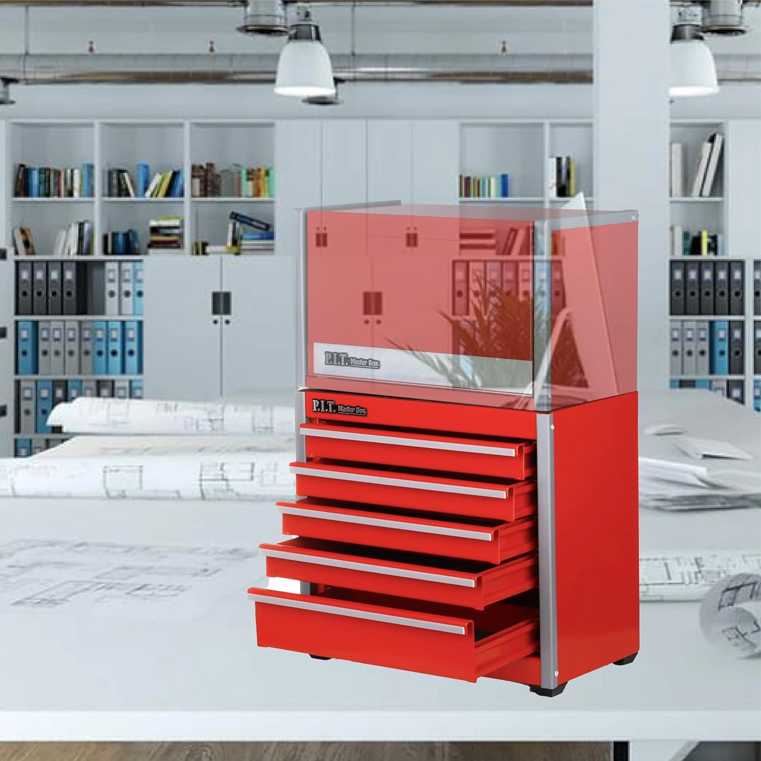 P.I.T. Mini Red Tool Box, Portable 5-Drawer Micro Roll Cab Steel Tool Box with Liner, Red Small Tool Case for Tools Storage, Home DIY