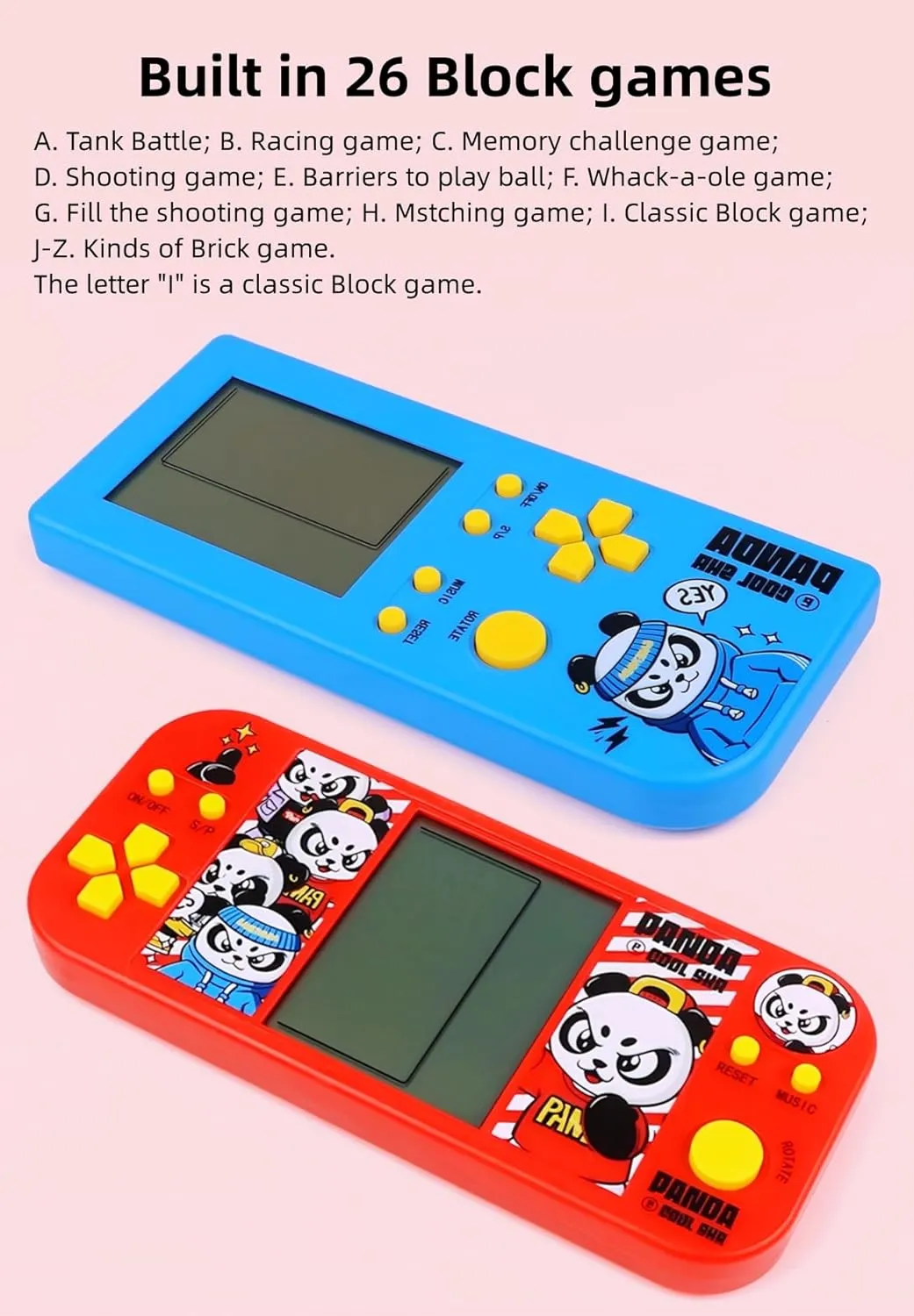 Panda Cartoon Retro Cube Game Console 26 Brick Games 2574 Levels Adjustable Speed/Difficulty Children/Adult Gandheld Electronic Game Block/Racing/Tank Battle Puzzle Toys (SBlue)