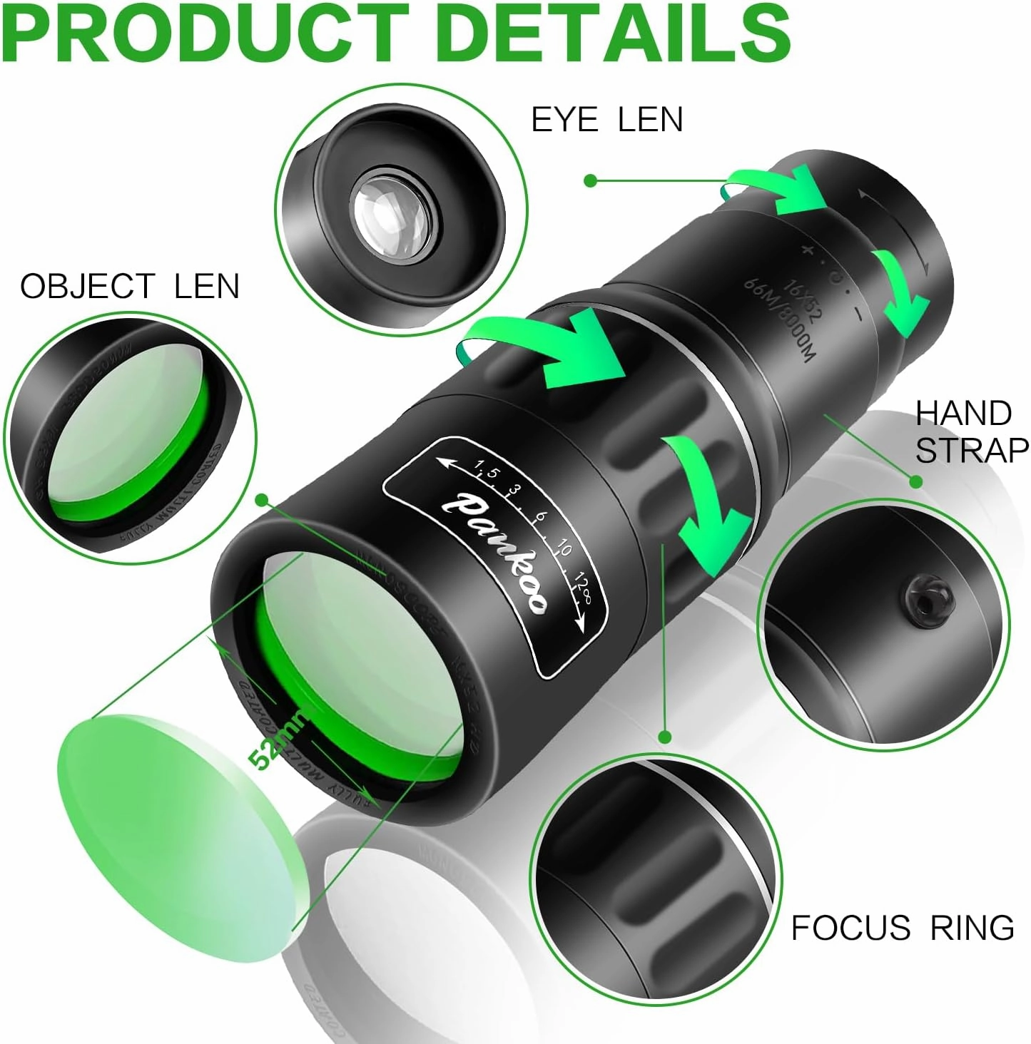 Pankoo 16X52 Monocular Telescope, 2025 High Power Prism Compact Monoculars for Adults Kids, HD Monocular Scope for Bird Watching Hiking Concert Travelling, D-Black