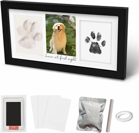 Paw Print Frame Kit, Cat/Dog Paw Print Kit, Dog Nose Print Kit, Soft Pawprint Clay&Clean Touch Ink Pad,Pet Paw Print Impression Kit with Customization Tool,Wooden Pet Memorial Frame, Black