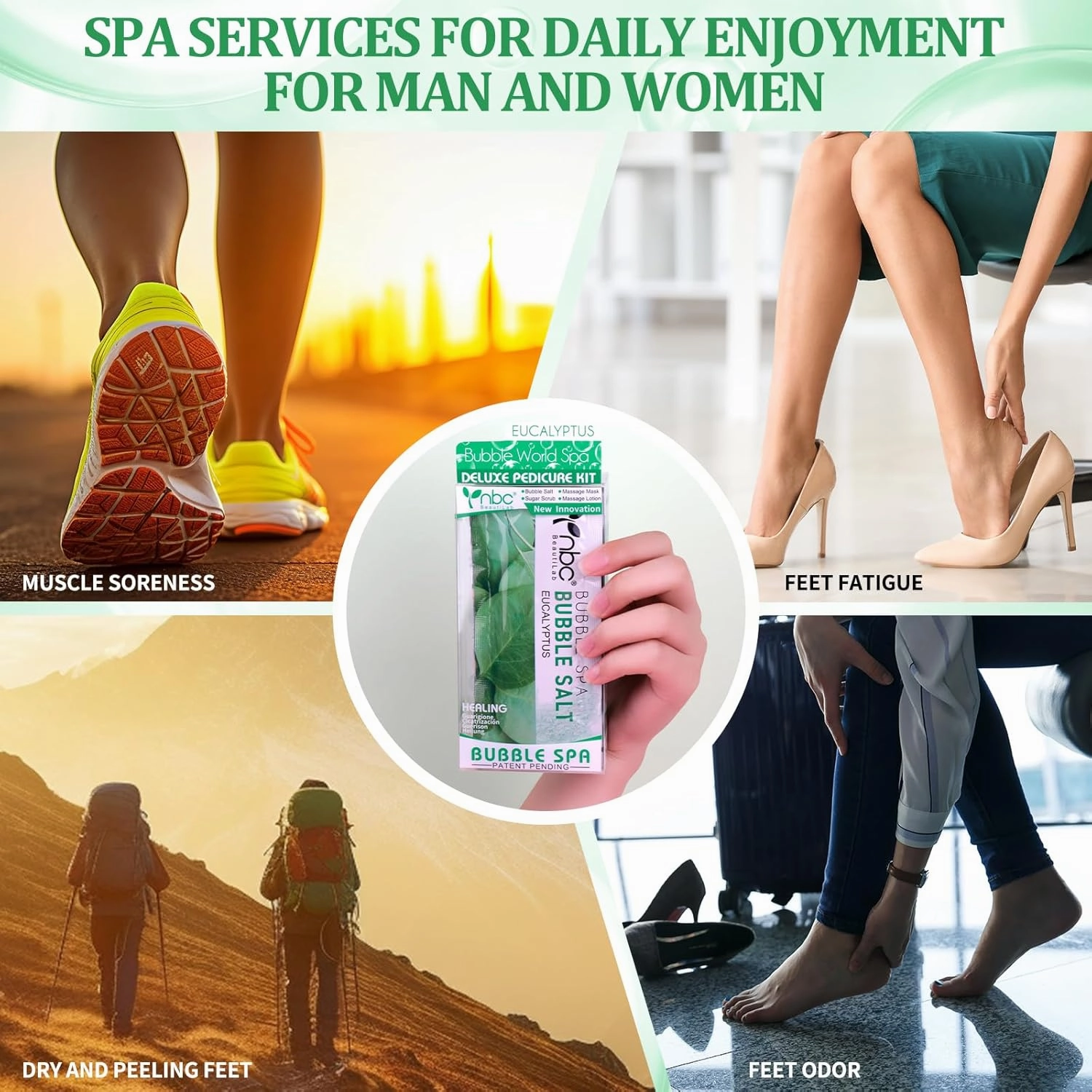 Pedicure Kit Foot Soak Set: Bubble Salt, Sugar Scrub, Massage Mask, Massage Lotion in a Box, 4 Step Foot Spa Kit for Dry Feet,Tired Feet（3 Set Eucalyptus)