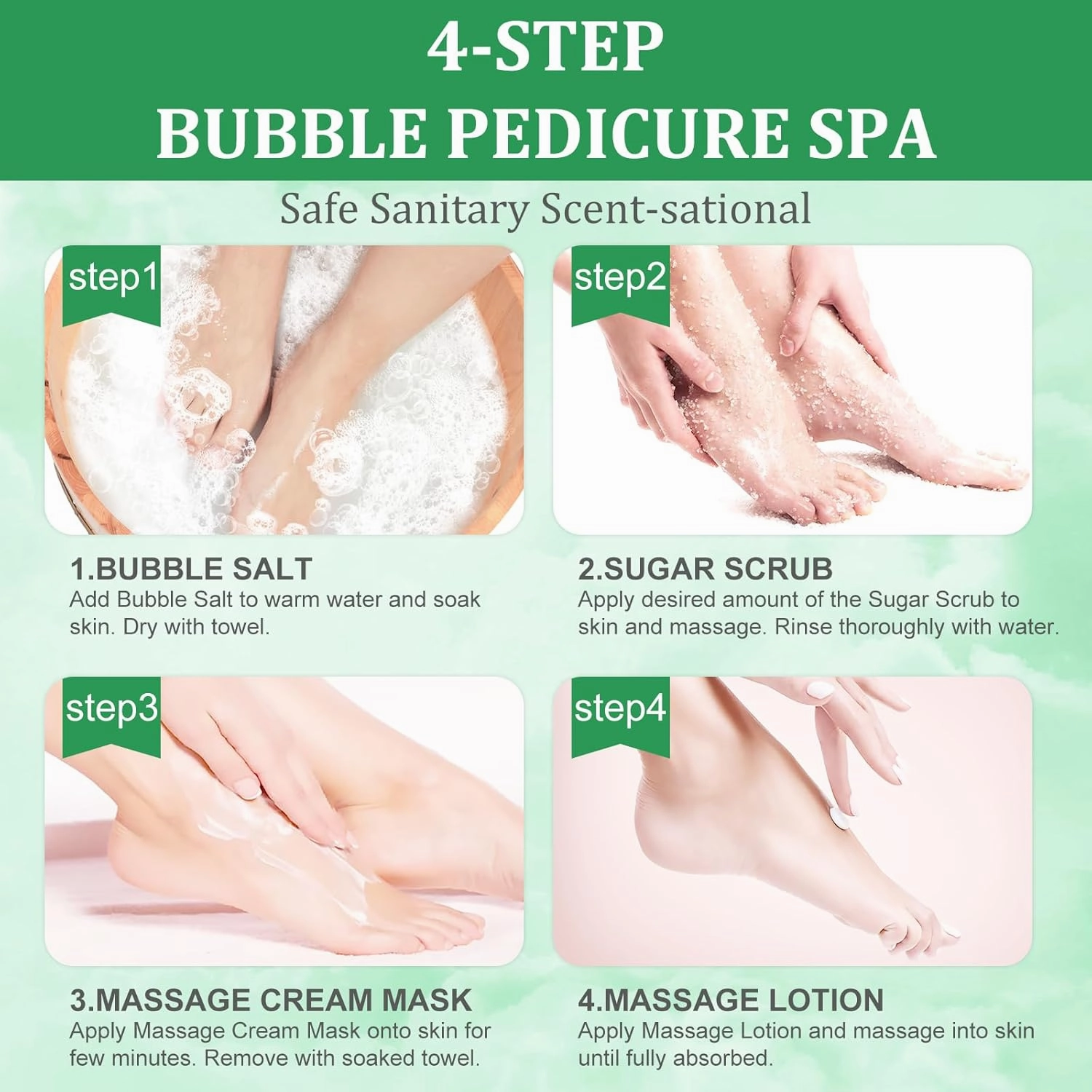 Pedicure Kit Foot Soak Set: Bubble Salt, Sugar Scrub, Massage Mask, Massage Lotion in a Box, 4 Step Foot Spa Kit for Dry Feet,Tired Feet（3 Set Eucalyptus)