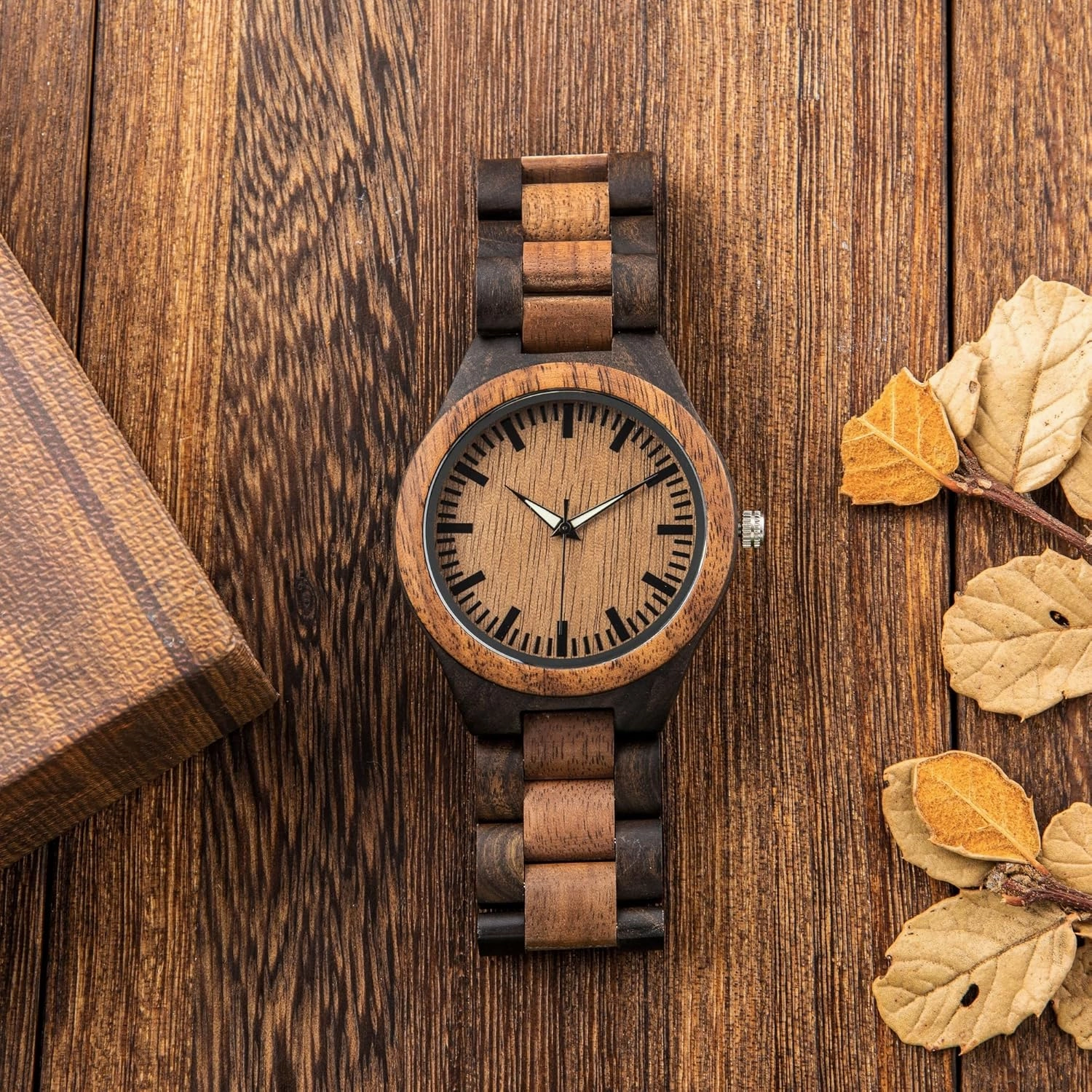 Personalized Wood Watch for Men Custom Wooden Watch with Engraving Anniversary Birthday Watch for Husband Dad Son Walnut and Ebony Watch Luminous Hands