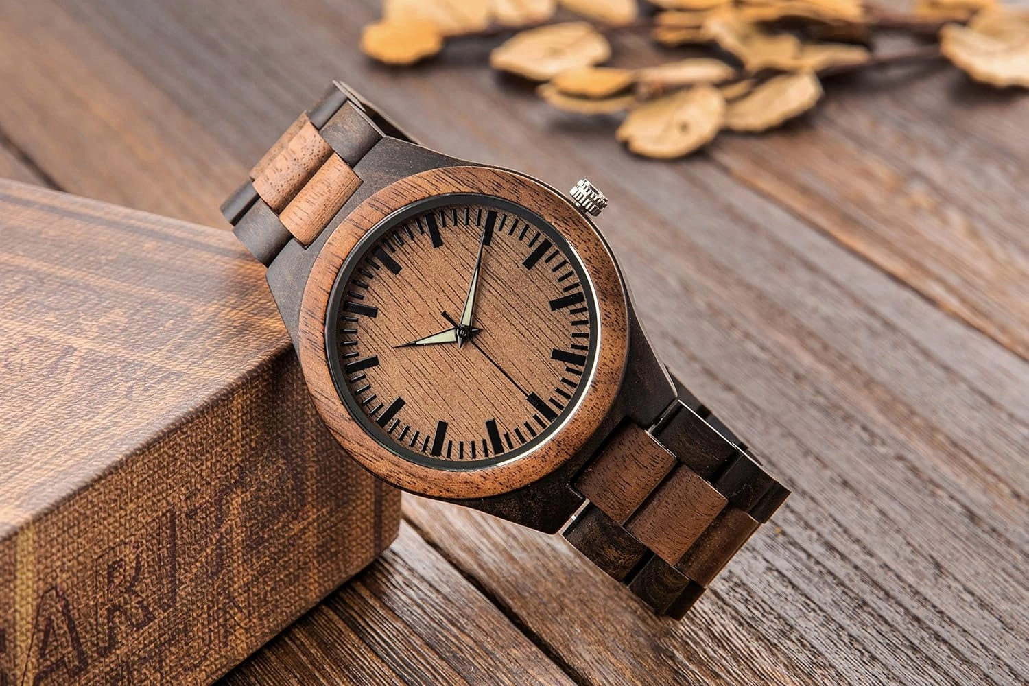 Personalized Wood Watch for Men Custom Wooden Watch with Engraving Anniversary Birthday Watch for Husband Dad Son Walnut and Ebony Watch Luminous Hands