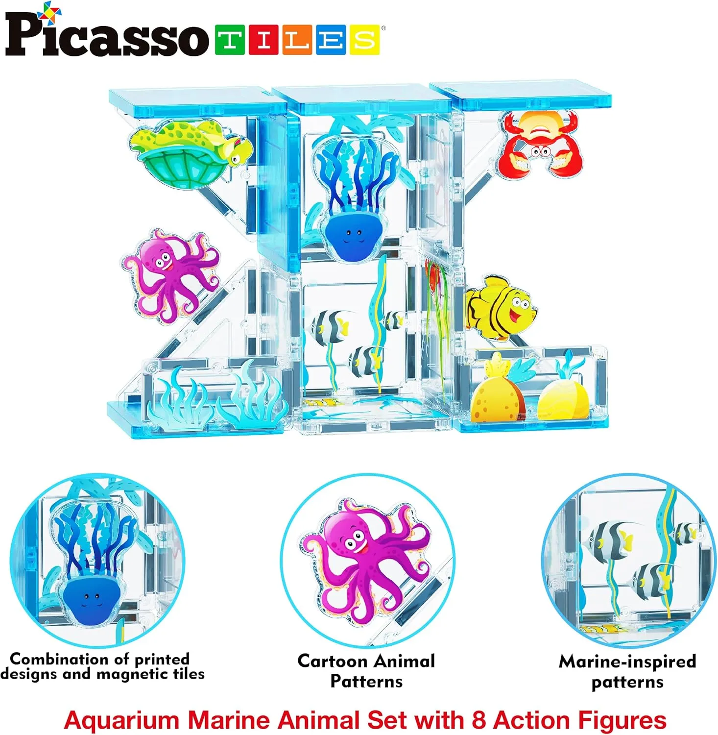 PicassoTiles Magnet Tile Building Blocks Marine Animal World Themed Playset with 8 Ocean Character Action Figures Magnetic Tiles STEM Learning Toy Construction Set Toddlers Boys Girls Ages 3  PTQ25