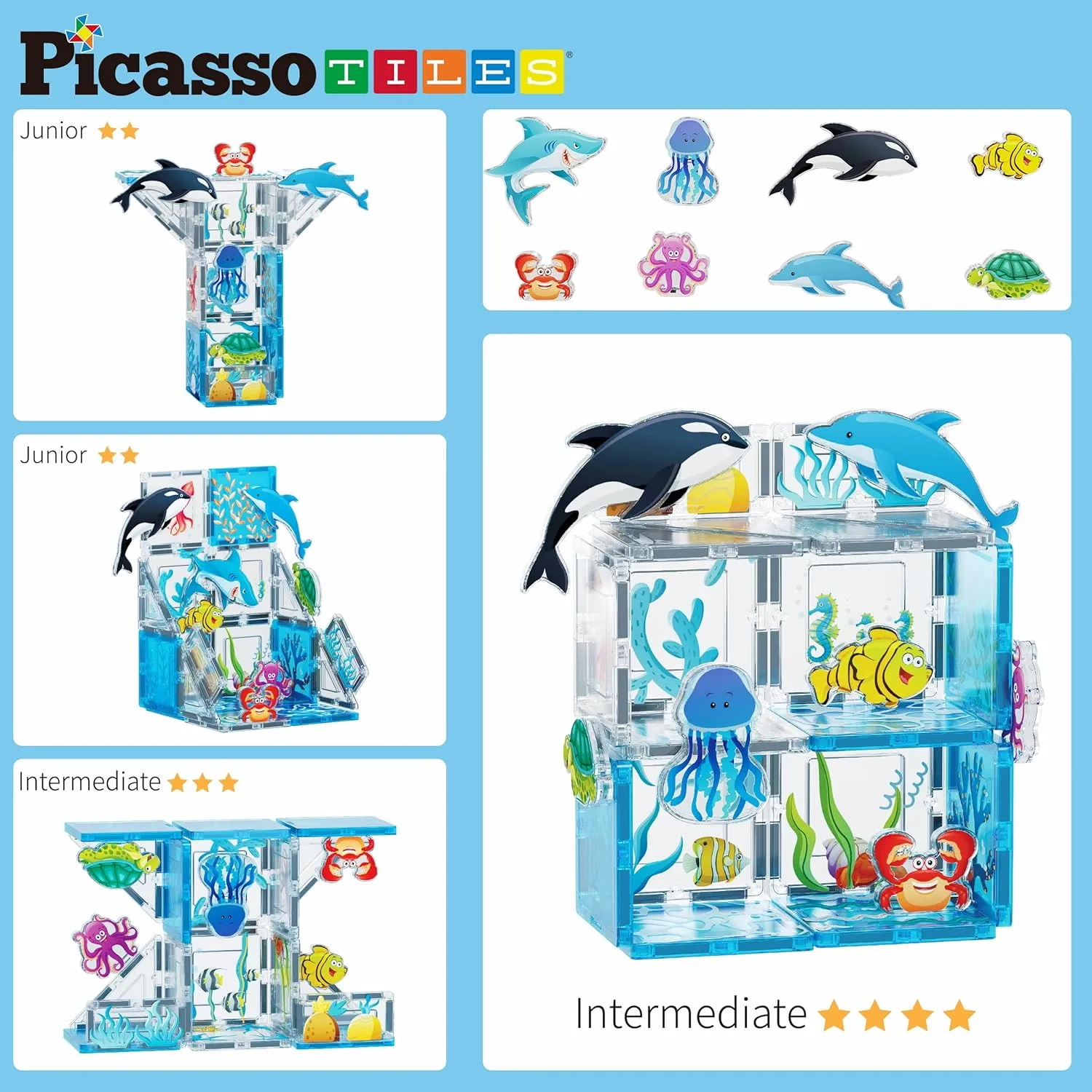 PicassoTiles Magnet Tile Building Blocks Marine Animal World Themed Playset with 8 Ocean Character Action Figures Magnetic Tiles STEM Learning Toy Construction Set Toddlers Boys Girls Ages 3  PTQ25