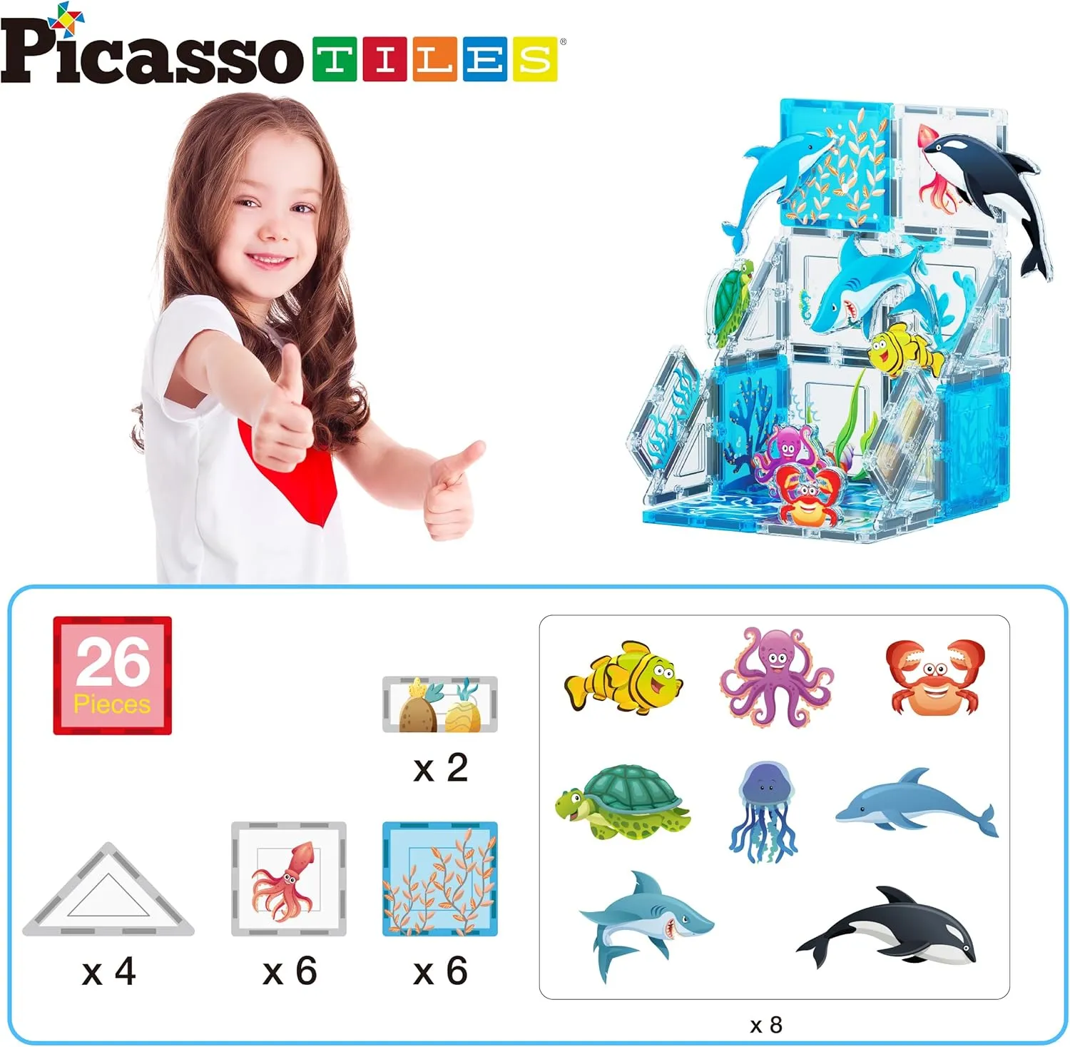 PicassoTiles Magnet Tile Building Blocks Marine Animal World Themed Playset with 8 Ocean Character Action Figures Magnetic Tiles STEM Learning Toy Construction Set Toddlers Boys Girls Ages 3  PTQ25
