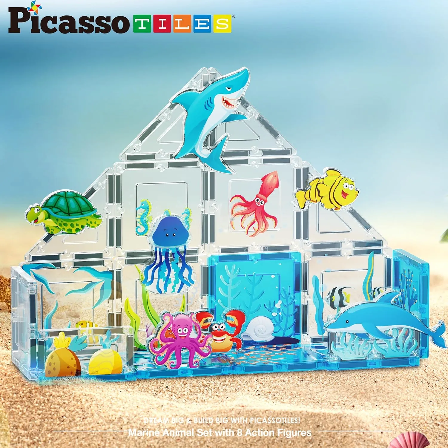 PicassoTiles Magnet Tile Building Blocks Marine Animal World Themed Playset with 8 Ocean Character Action Figures Magnetic Tiles STEM Learning Toy Construction Set Toddlers Boys Girls Ages 3  PTQ25