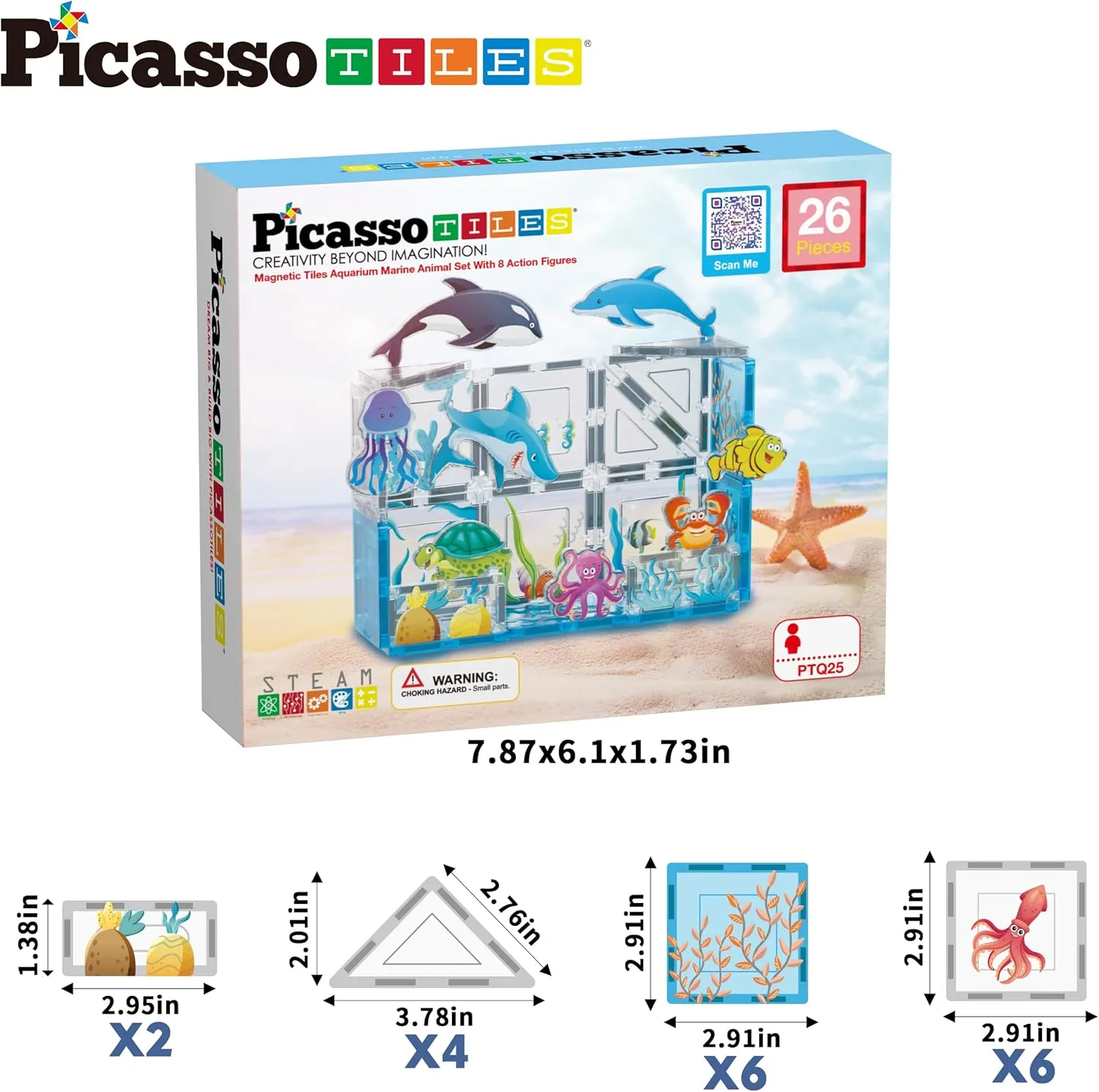 PicassoTiles Magnet Tile Building Blocks Marine Animal World Themed Playset with 8 Ocean Character Action Figures Magnetic Tiles STEM Learning Toy Construction Set Toddlers Boys Girls Ages 3  PTQ25