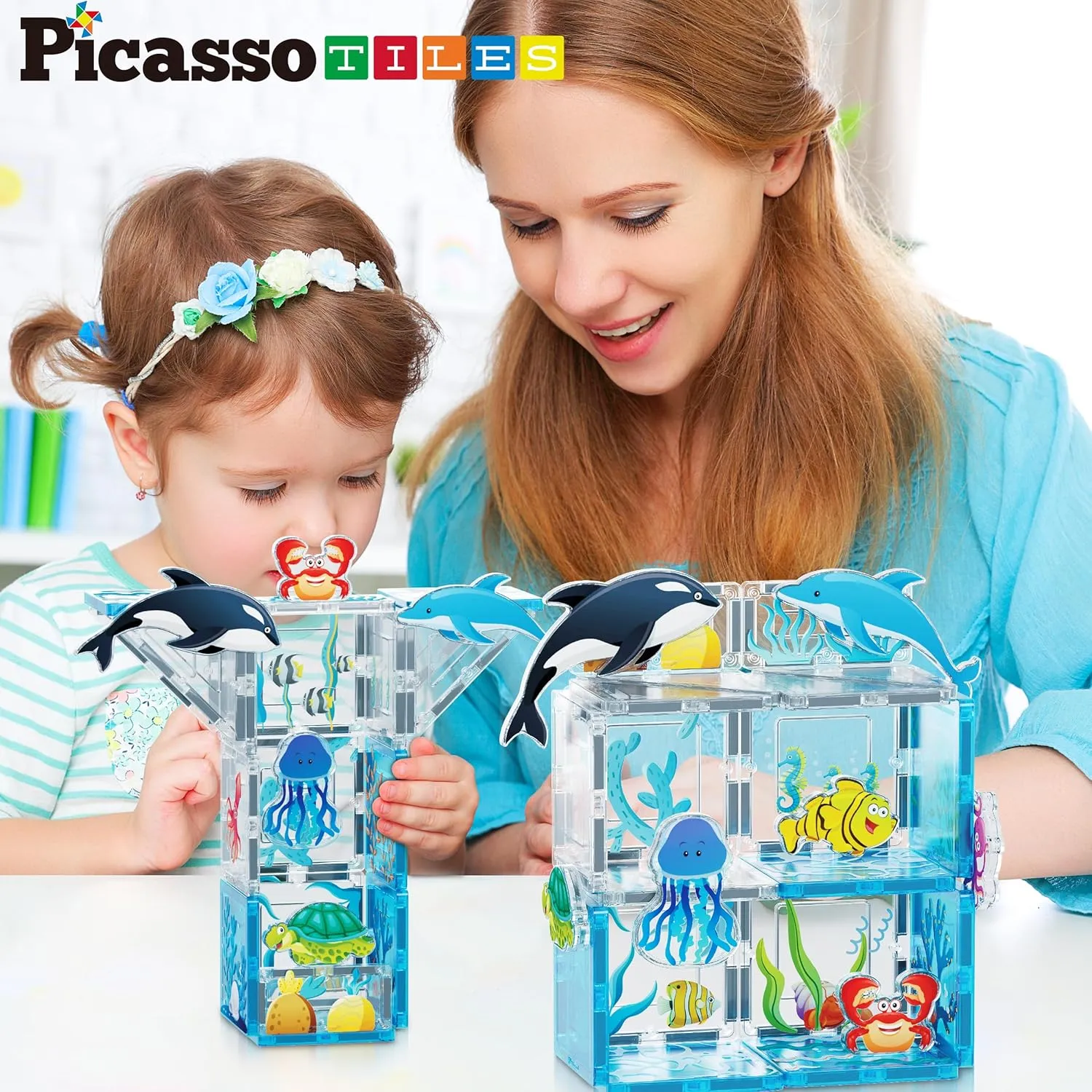 PicassoTiles Magnet Tile Building Blocks Marine Animal World Themed Playset with 8 Ocean Character Action Figures Magnetic Tiles STEM Learning Toy Construction Set Toddlers Boys Girls Ages 3  PTQ25