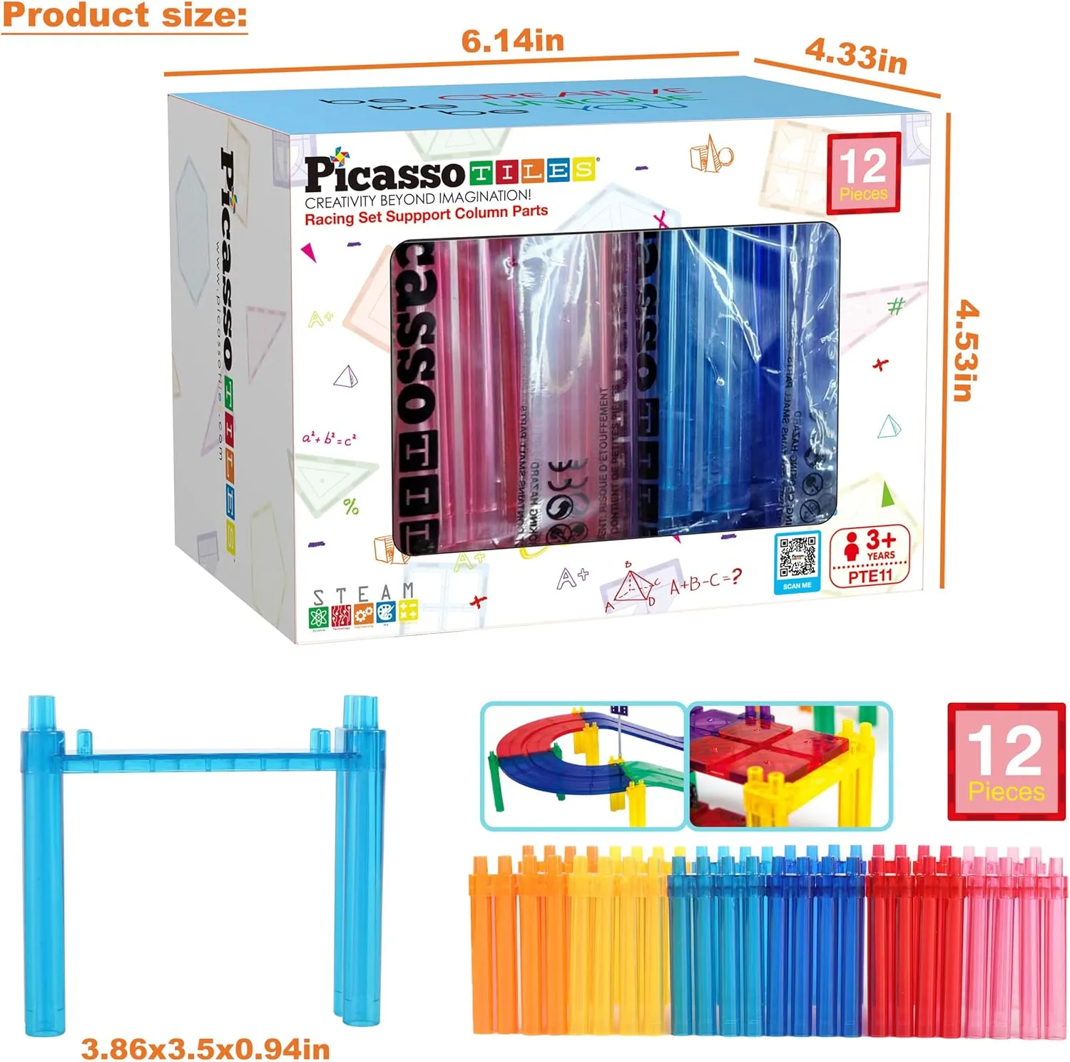 PicassoTiles Support Column Expansion Supporting Pack for Magnetic Race CarTrack Magnet Tile Building Block Construction Kit Education Toy Boys Girls STEM Puzzle Toy Kids Boy Girl Toddler 3