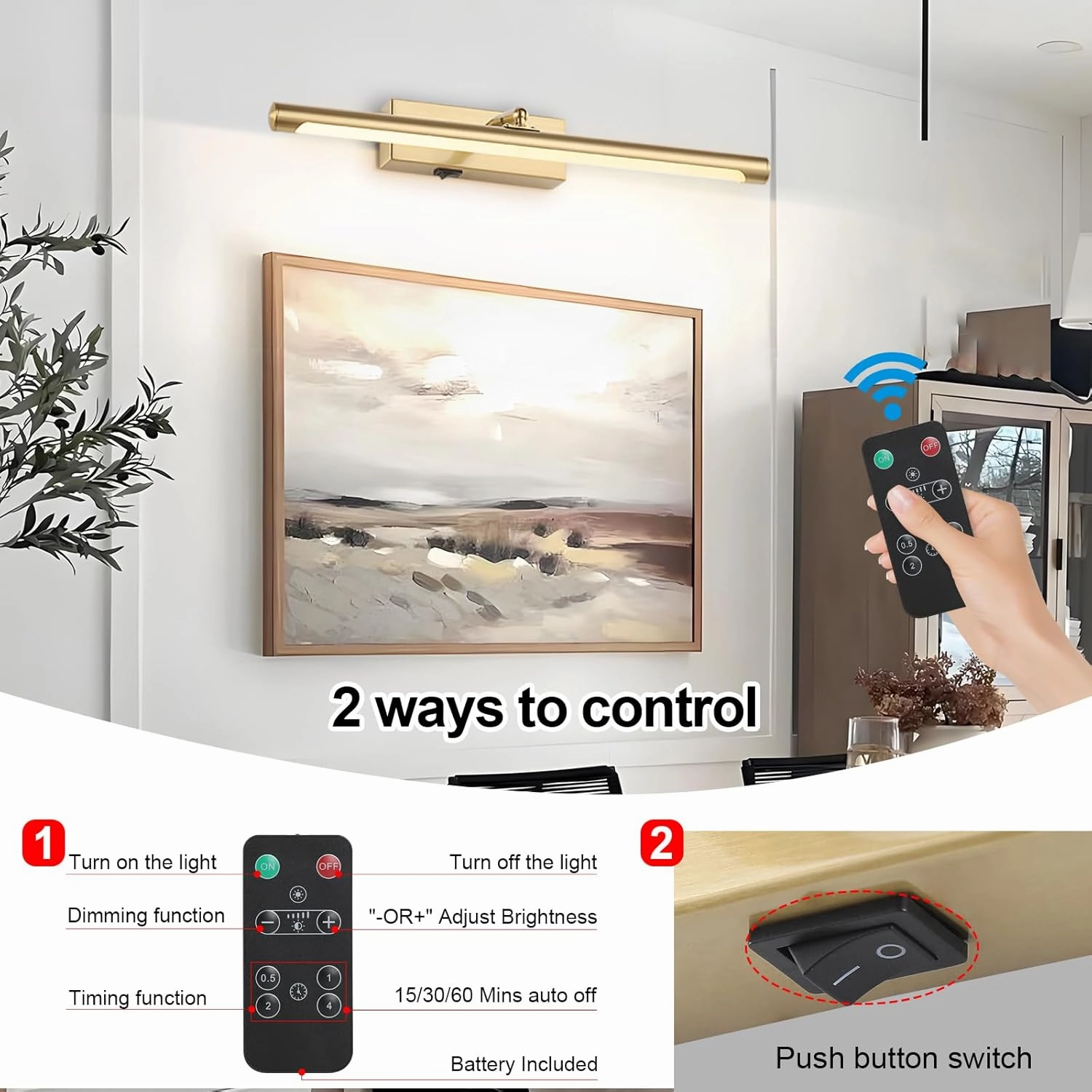 Picture Lights Battery Operated with Remote, Rechargeable Picture Lights for Wall Brightness Dimmable Sticker/Screw Installation, Art Light for Gallery, Artwork (Golden, 12‘’)