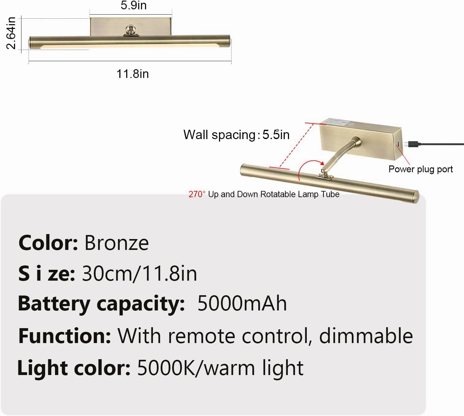 Picture Lights Battery Operated with Remote, Rechargeable Picture Lights for Wall Brightness Dimmable Sticker/Screw Installation, Art Light for Gallery, Artwork (Golden, 12‘’)