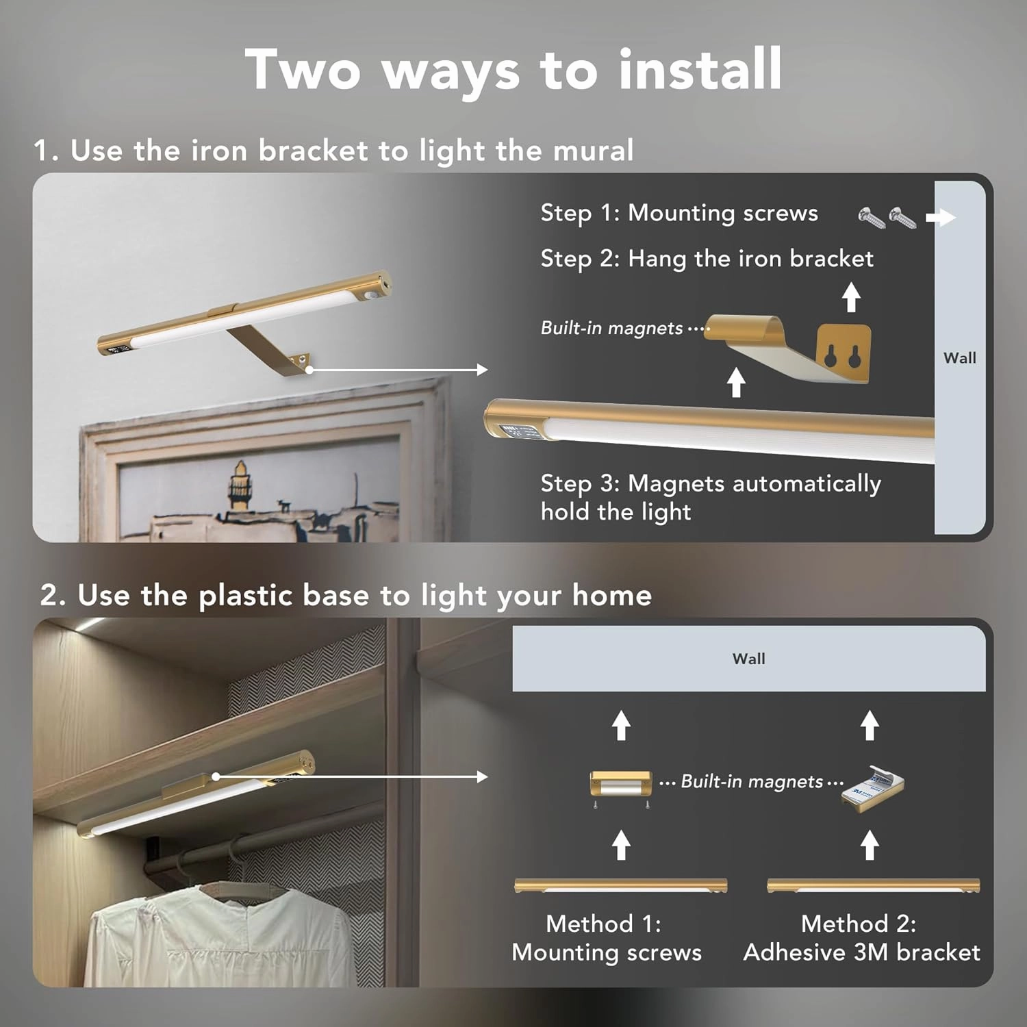 Picture Lights for Wall, Wireless 2 Pack 14" Rechargeable with Remote, 3 Color Dimmable Art Lighting for Paintings, Gallery, Canvas & Portraits, Display Lamp Gold