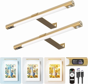 Picture Lights for Wall, Wireless 2 Pack 14" Rechargeable with Remote, 3 Color Dimmable Art Lighting for Paintings, Gallery, Canvas & Portraits, Display Lamp Gold