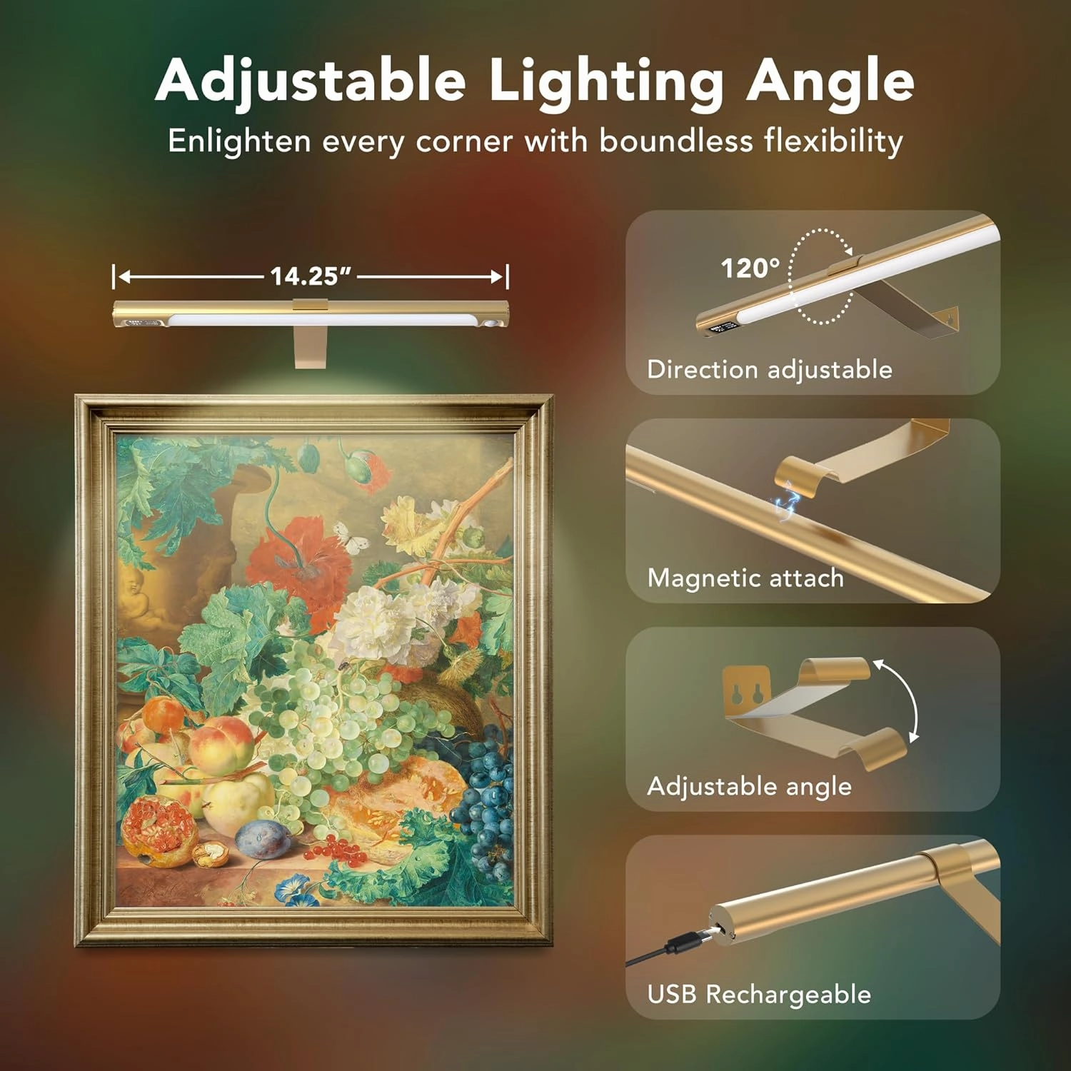 Picture Lights for Wall, Wireless 2 Pack 14" Rechargeable with Remote, 3 Color Dimmable Art Lighting for Paintings, Gallery, Canvas & Portraits, Display Lamp Gold