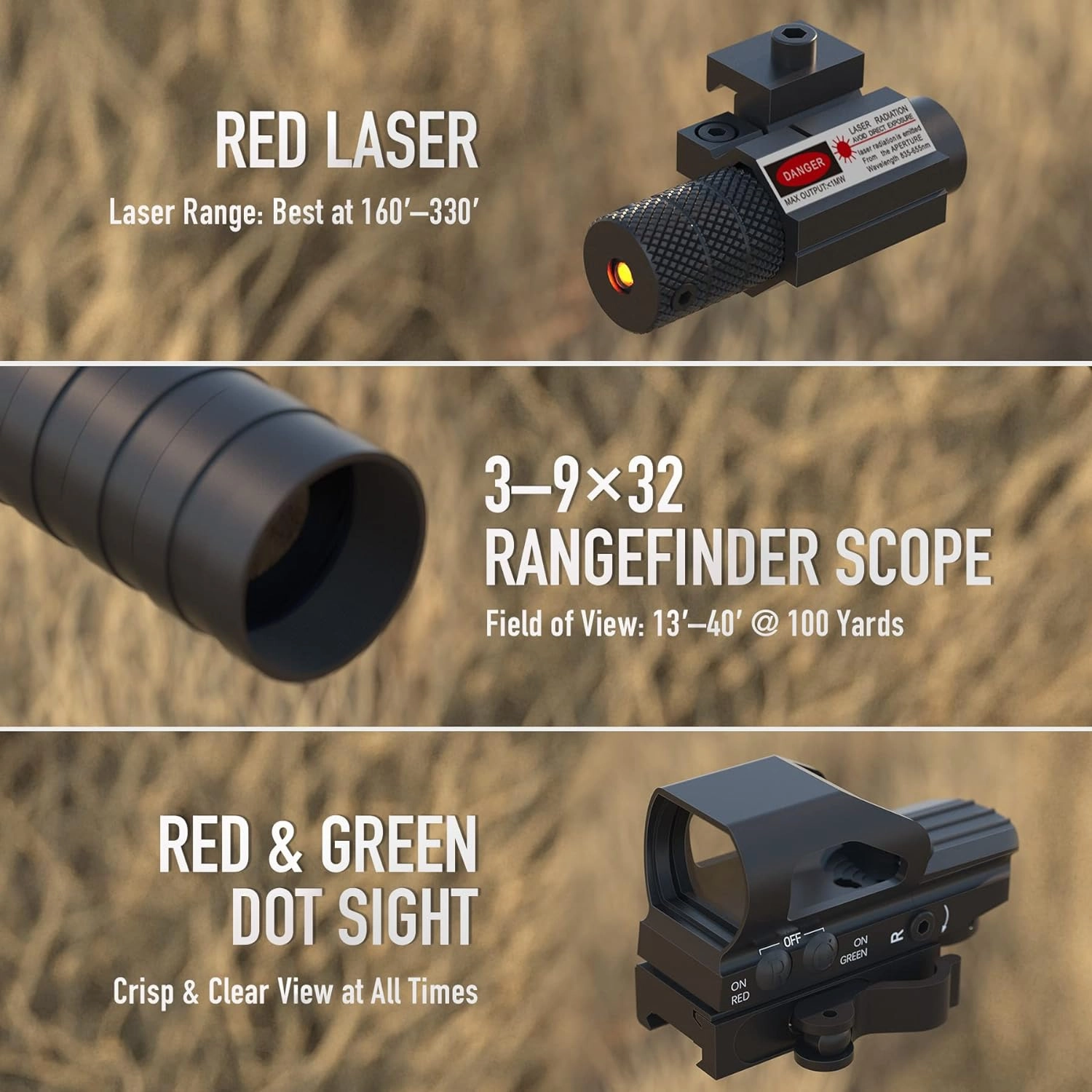 PINTY Rifle Scope Red Dot Laser Combo - 4in1 Gun Set: 3-9x32 Illuminated Hunting Scope, Green or Red Dot, Red Laser Sight, Pic Riser Mount - Tactical