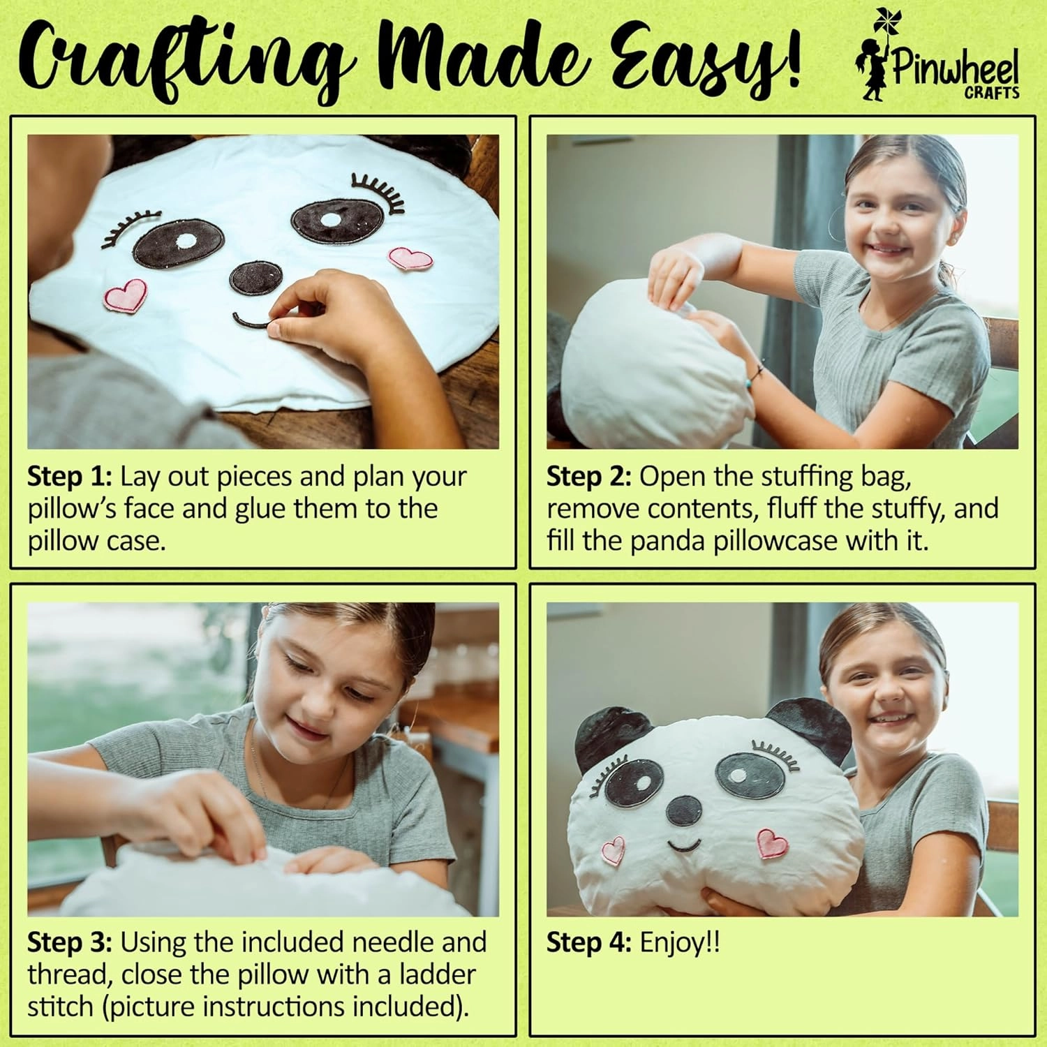 Pinwheel Crafts Beginner Sewing Kit for Kids 8-12 - Easy DIY Panda Pillow Kit - Learn to Sew - Kids Sewing Craft Gifts - Make Your Own Stuffed Animal Panda Plush Toy