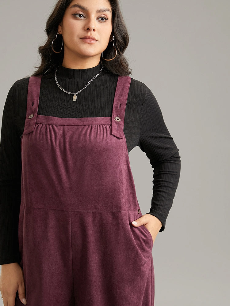 Plain Button Up Adjustable Straps Jumpsuit