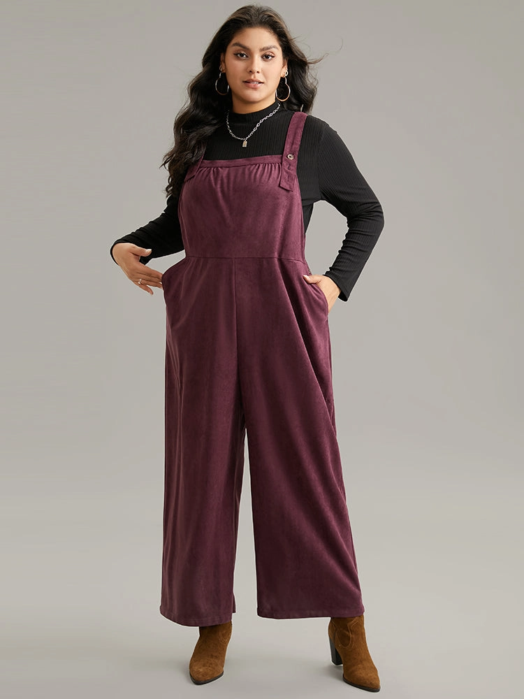 Plain Button Up Adjustable Straps Jumpsuit