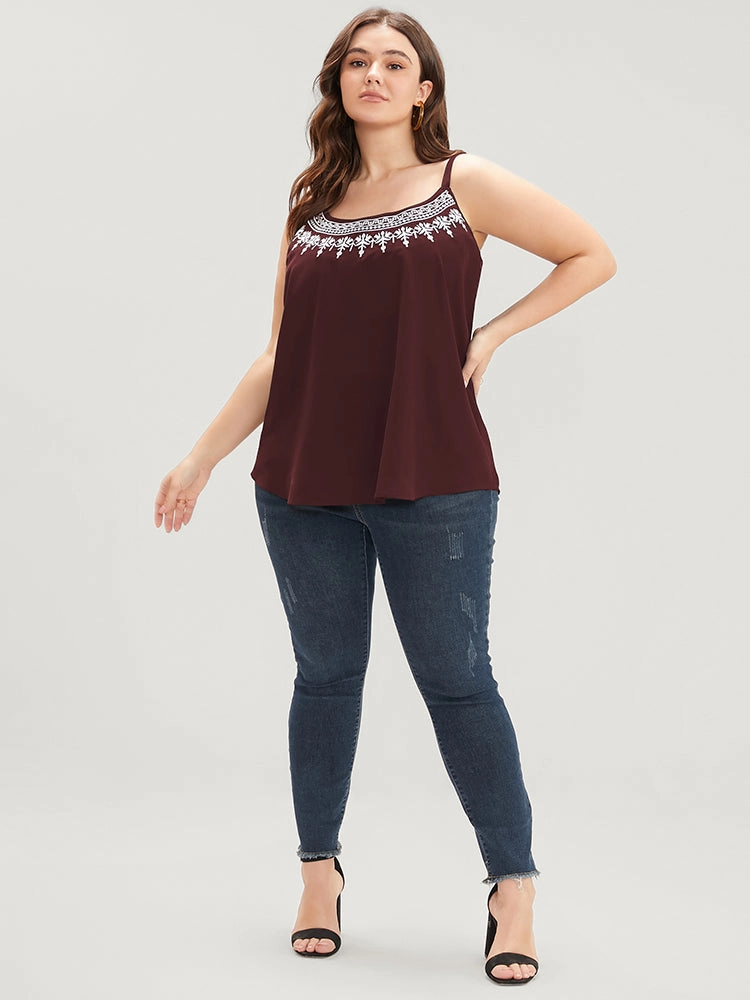 Plain Embroidered Sleeveless Adjustable Straps Cami Top