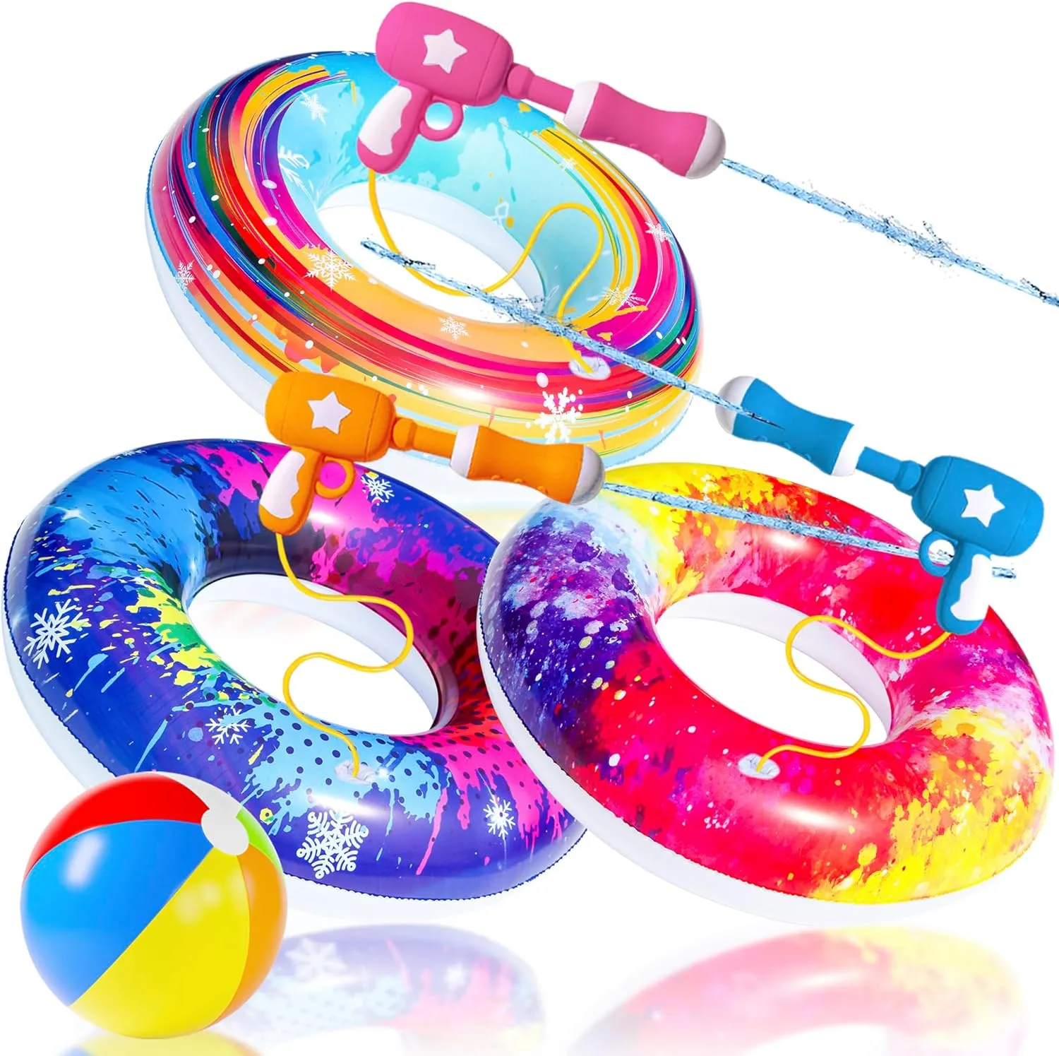 Pool Party Set - Parentswell Inflatable Pool Float Swimming Rings, Pool Tubes with Water Guns and Beach Ball, Pool Party Favors for Summer Pool and Beach Fun