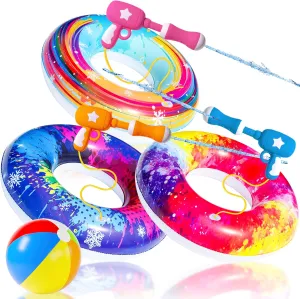 Pool Party Set - Parentswell Inflatable Pool Float Swimming Rings, Pool Tubes with Water Guns and Beach Ball, Pool Party Favors for Summer Pool and Beach Fun