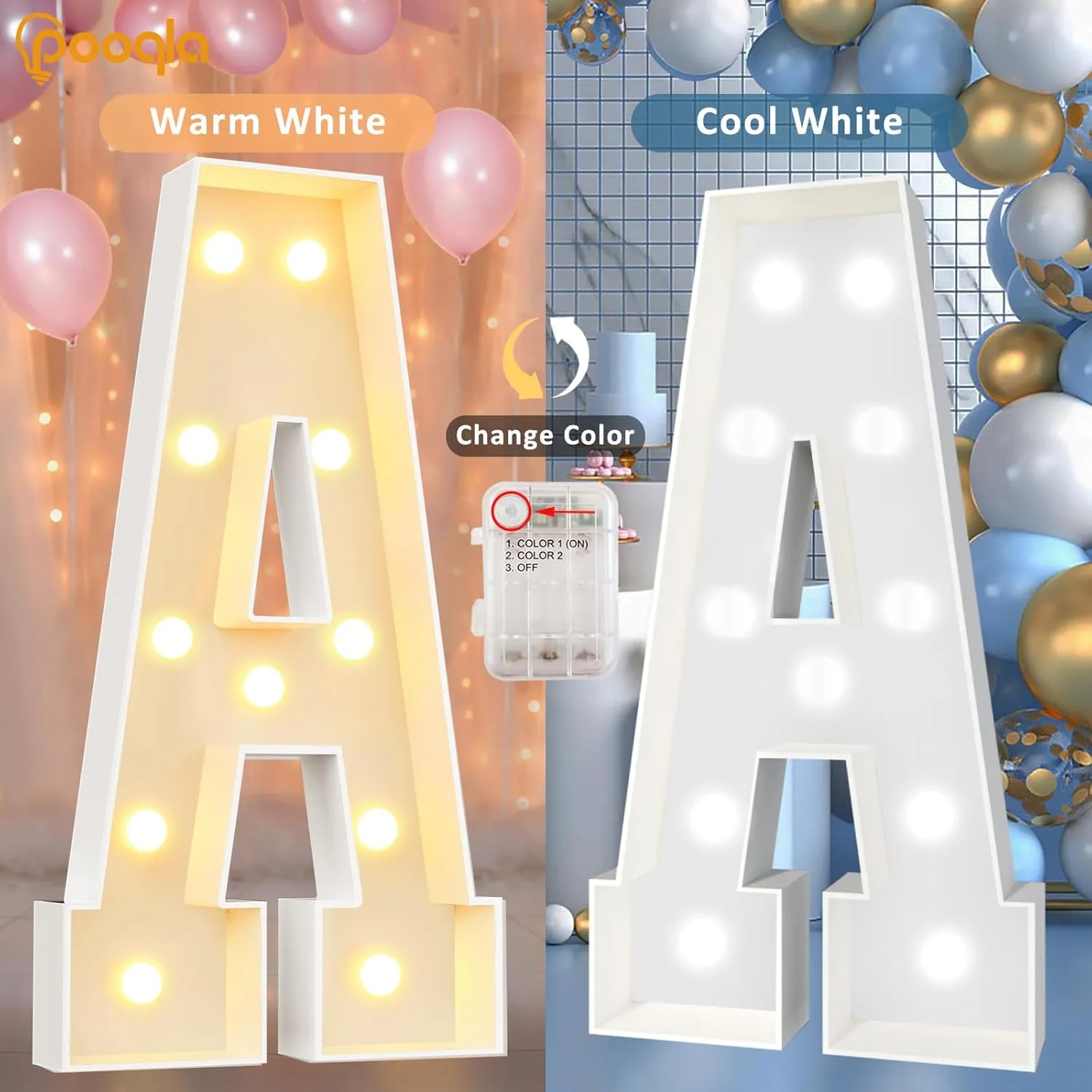 Pooqla 4 FT Marquee Light Up Letters, Cool White and Warm White Giant LED Sign Marquee Letter 4 Feet Tall, Big Mosaic Letter A for Balloons Birthday Party Anniversary Wedding Decorations