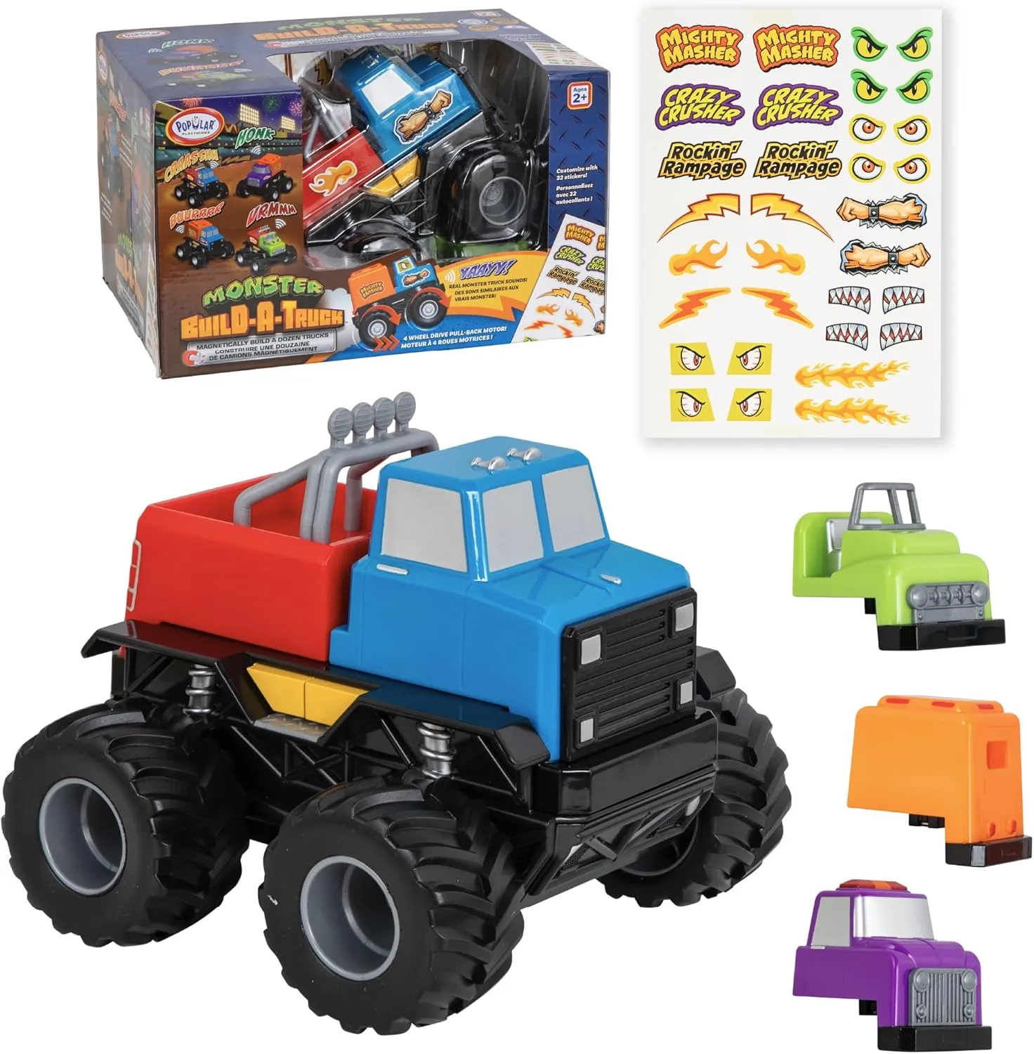 POPULAR PLAYTHINGS Magnetic Monster Build-A-Truck, Take Apart Toy Car Set, 6 Pieces