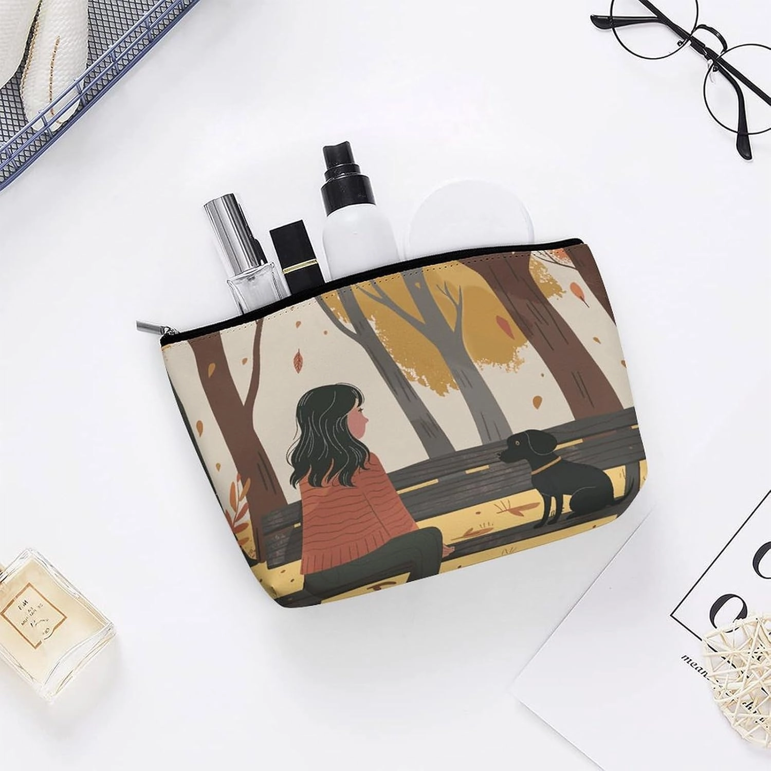 Portable Small Cosmetic Bag Cute Travel Makeup Bag On A Park Bench Waterproof Toiletry Bag for Women