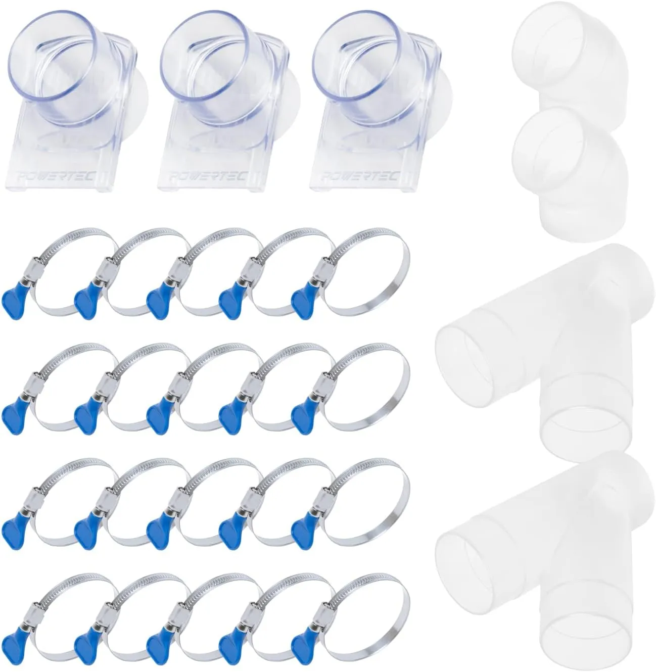 POWERTEC 2-1/2 Inch Dust Collection Fittings Kit with Clear Connectors, Blast Gates and Stainless Steel Hose Clamps for 3 Machine Setup, Dust Collection System for Dust Collection Hose (70374)