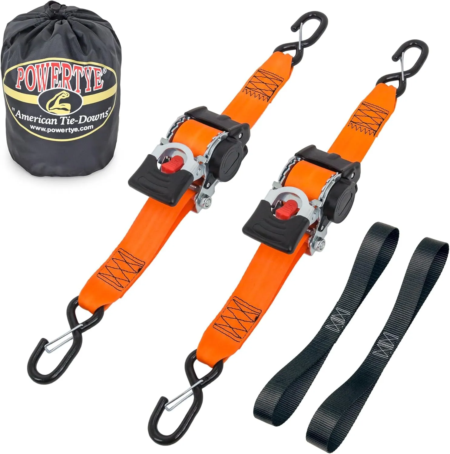 PowerTye 2 inch x 10 Foot Retractable Heavy-Duty Ratchet Tie-Downs w/Latch Hooks, Plus Soft-Tyes and Storage Bag - 800 lb Working Load Limit - Orange (Pair)