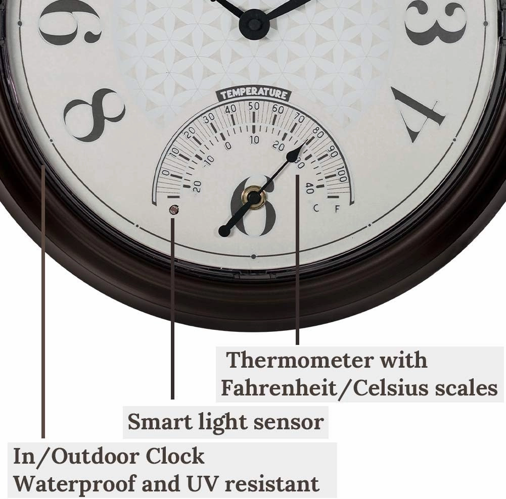 Presentime & Co. 14" in/Outdoor Luminous Wall Clock with Thermometer, Weather Thermometer, Night Light with Smart Sensor - Oil Rubbed Bronze Finish, Outdoor Lights & Decoration.