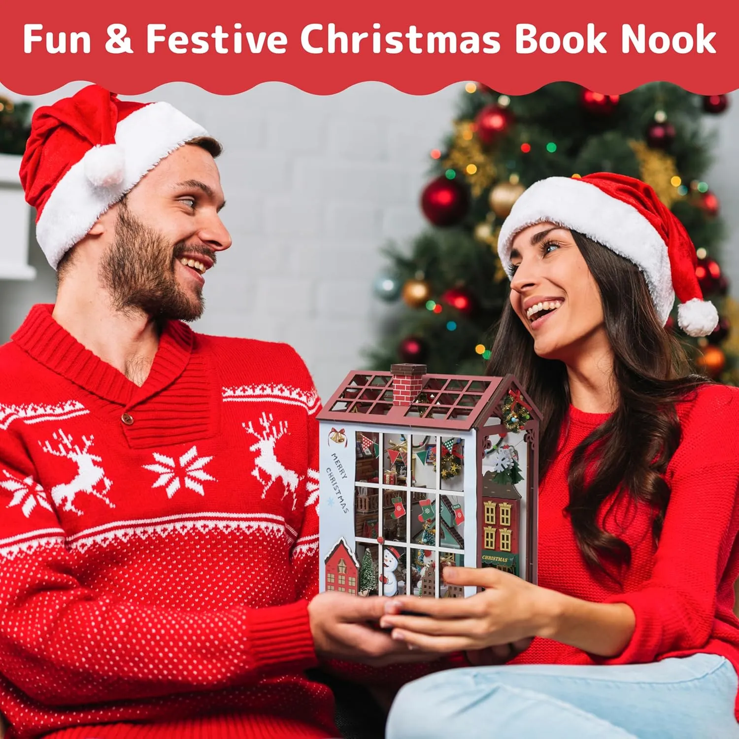 Prextex DIY Christmas Book Nook - 232 Building Pieces - Full Miniature Dollhouse Set with AAA Battery (Not Included) Operated Lights - Complete Toolkit Included - Ideal Holiday Decor for Ages 10 