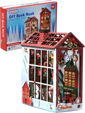 Prextex DIY Christmas Book Nook - 232 Building Pieces - Full Miniature Dollhouse Set with AAA Battery (Not Included) Operated Lights - Complete Toolkit Included - Ideal Holiday Decor for Ages 10 