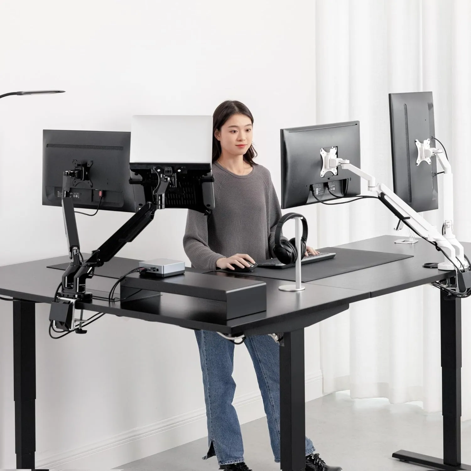 Progressive Desk L Shaped Height Adjustable Standing Desk 72" x 72" - Corner Computer Desk - Electric Stand Up Rising Workstation - White Frame, Bright Beech Top
