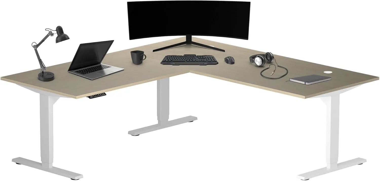 Progressive Desk L Shaped Height Adjustable Standing Desk 72" x 72" - Corner Computer Desk - Electric Stand Up Rising Workstation - White Frame, Bright Beech Top