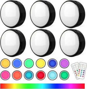 Puck Lights with Remote Control Battery Operated LED Push Lights Wireless, 13 Color RGB - for Closet, Bedroom Wall, Under Cabinet, Battery Powered Ambient Lighting. Convenient 3M Stick On, Black 6Pcs