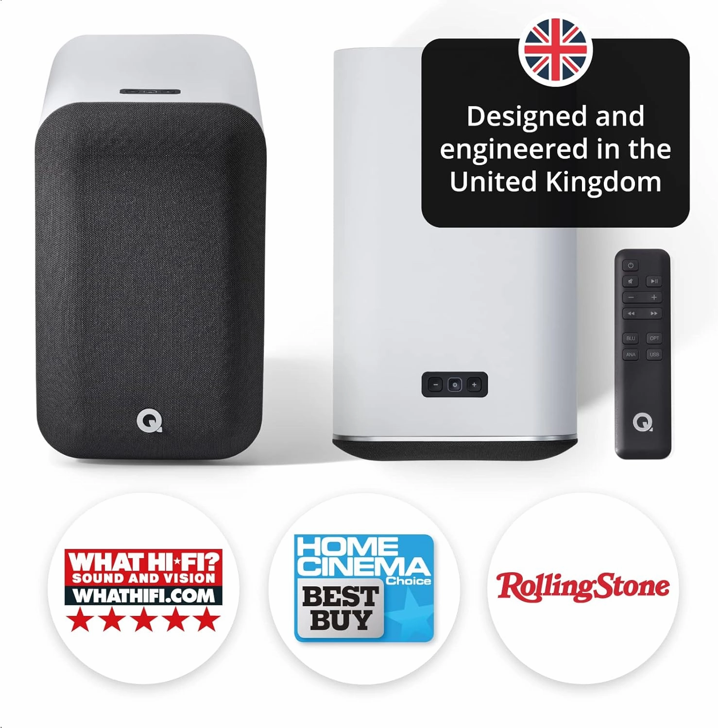 Q Acoustics M20 Bluetooth Speakers HD Wireless Speakers Music System White - Tweeter 0.9", Mid Bass/Driver 4.9", Freq. Response 55Hz–22kHz, Crossover Freq. 2.4kHz - Powered