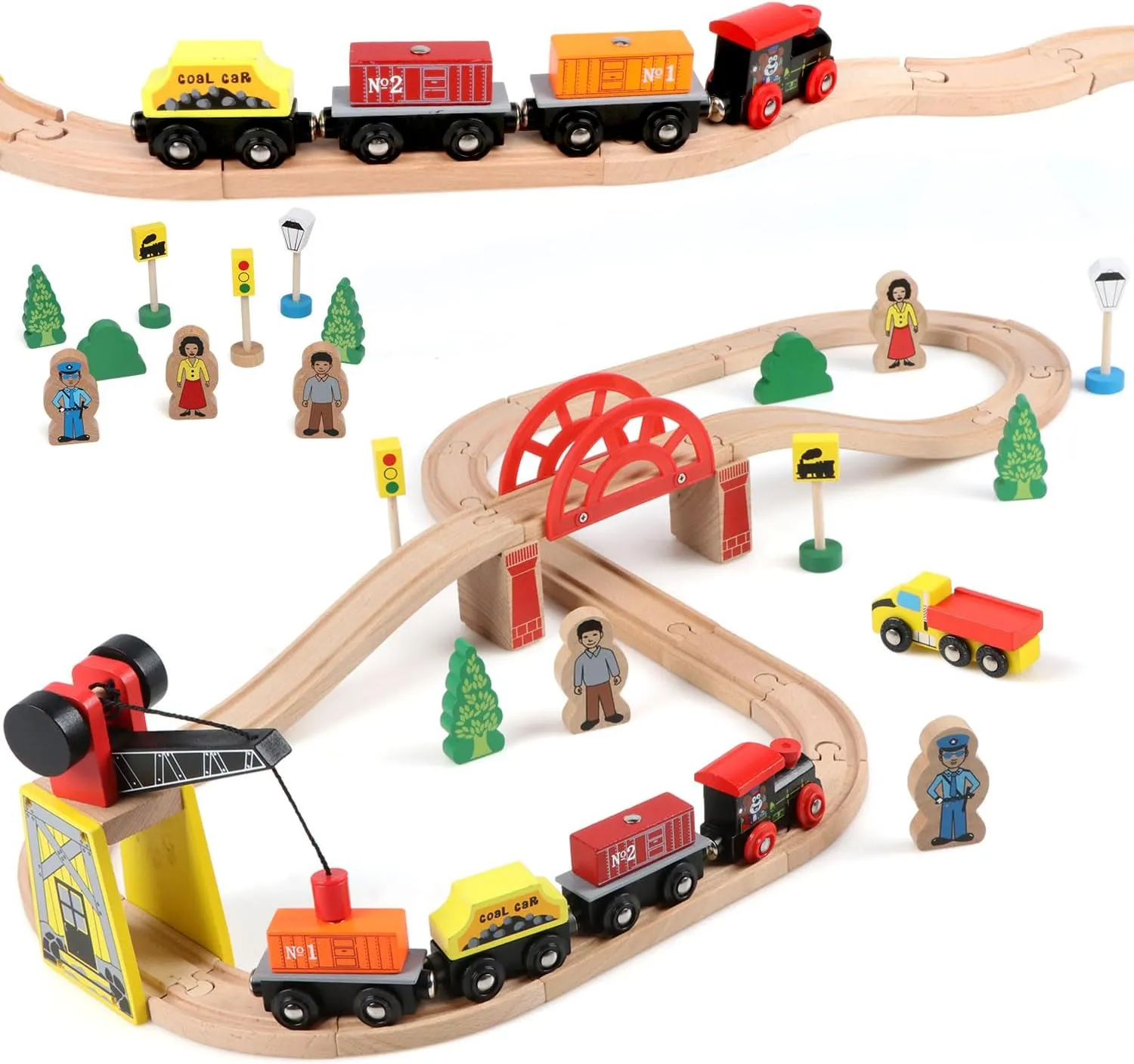 Qilay Wooden Train Set for Toddler - 39 Pcs Wood Train Tracks with Crane, Bridge & 5 Wooden Trains - Train Toys for 3,4,5 Year Old Boys & Girls - Fit All Major Bands Tracks Set