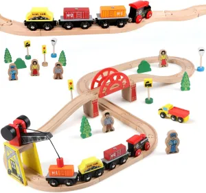 Qilay Wooden Train Set for Toddler - 39 Pcs Wood Train Tracks with Crane, Bridge & 5 Wooden Trains - Train Toys for 3,4,5 Year Old Boys & Girls - Fit All Major Bands Tracks Set