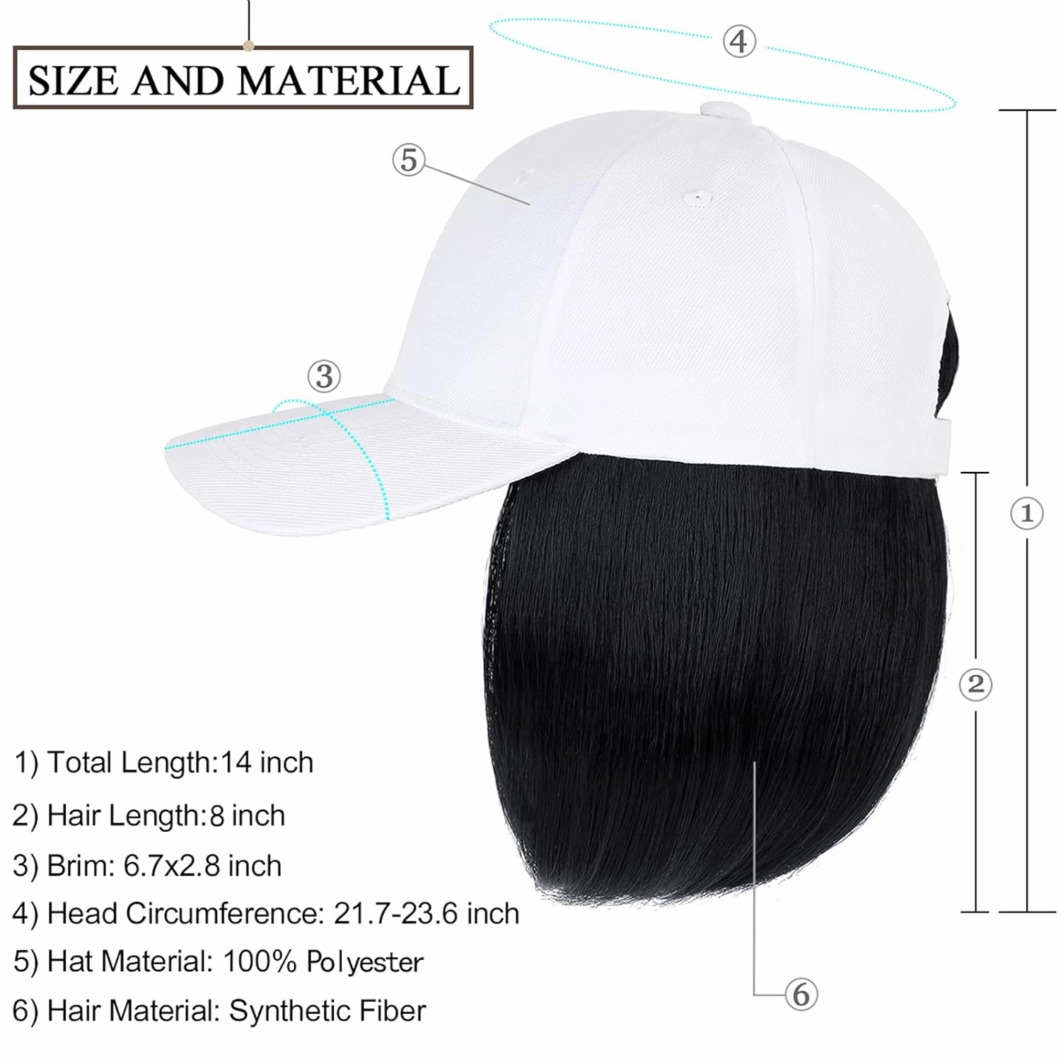 Qlenkay Baseball Cap with Hair Extensions 14inch Straight Short Bob Hairstyle Adjustable Wig Hat Attached Synthetic Hairpiece for Woman Dark Black