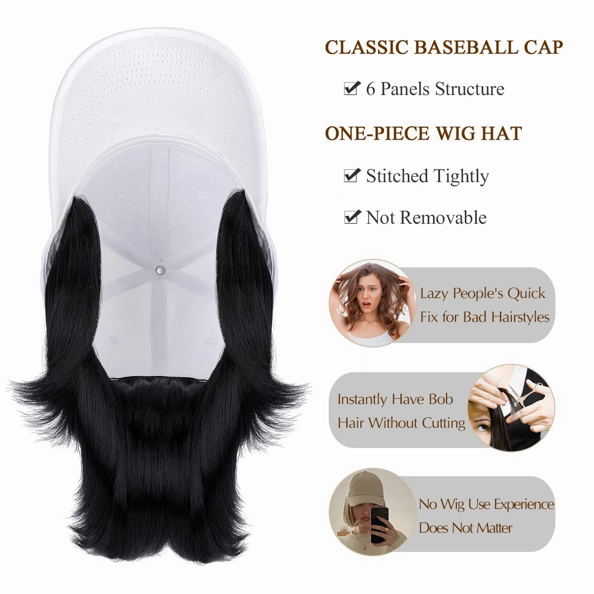 Qlenkay Baseball Cap with Hair Extensions 14inch Straight Short Bob Hairstyle Adjustable Wig Hat Attached Synthetic Hairpiece for Woman Dark Black
