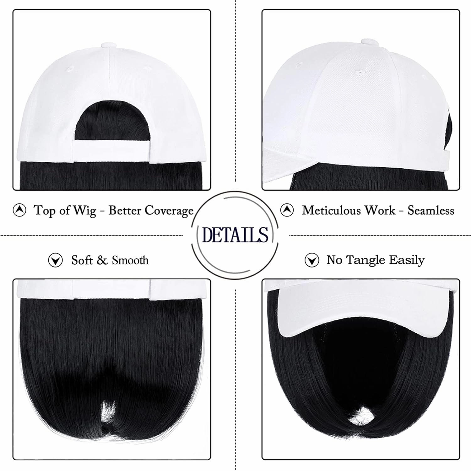 Qlenkay Baseball Cap with Hair Extensions 14inch Straight Short Bob Hairstyle Adjustable Wig Hat Attached Synthetic Hairpiece for Woman Dark Black