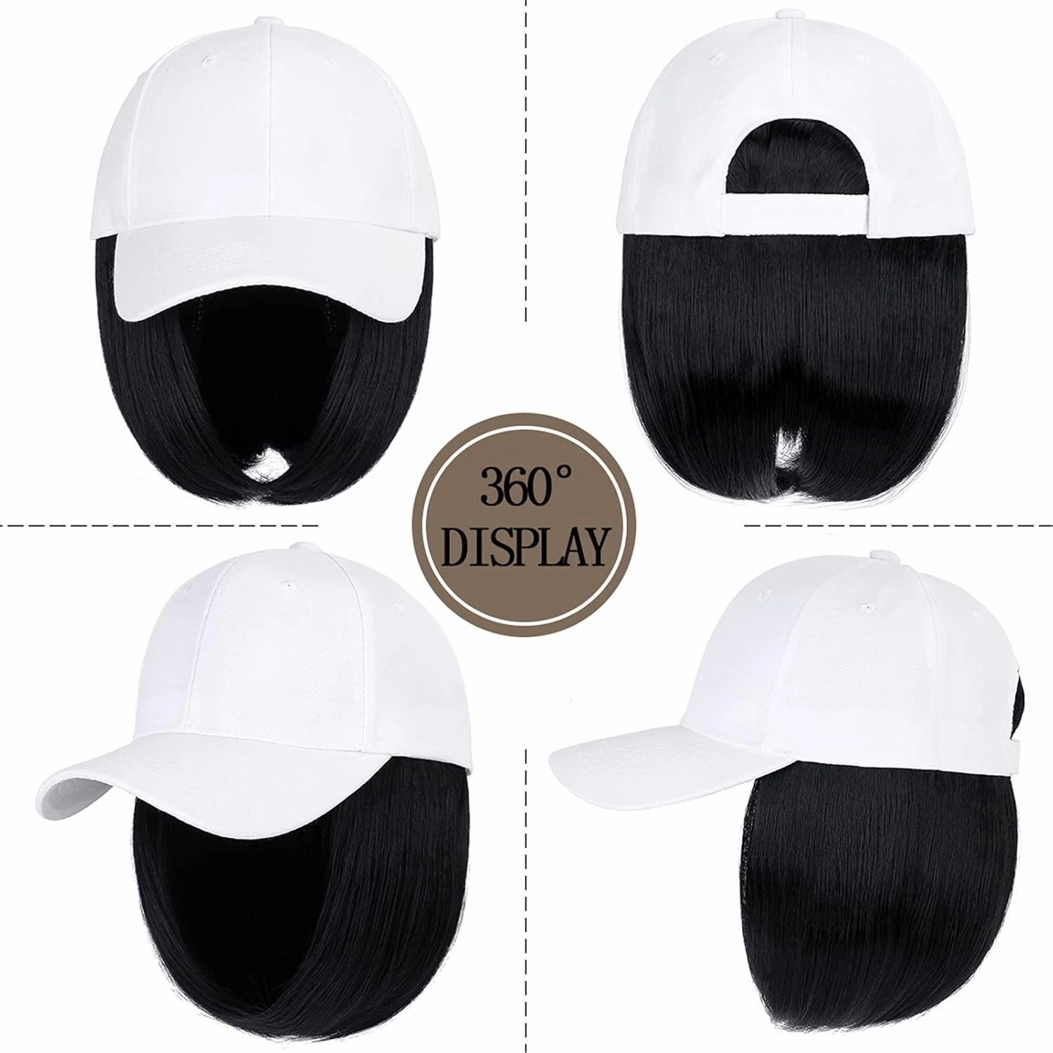 Qlenkay Baseball Cap with Hair Extensions 14inch Straight Short Bob Hairstyle Adjustable Wig Hat Attached Synthetic Hairpiece for Woman Dark Black
