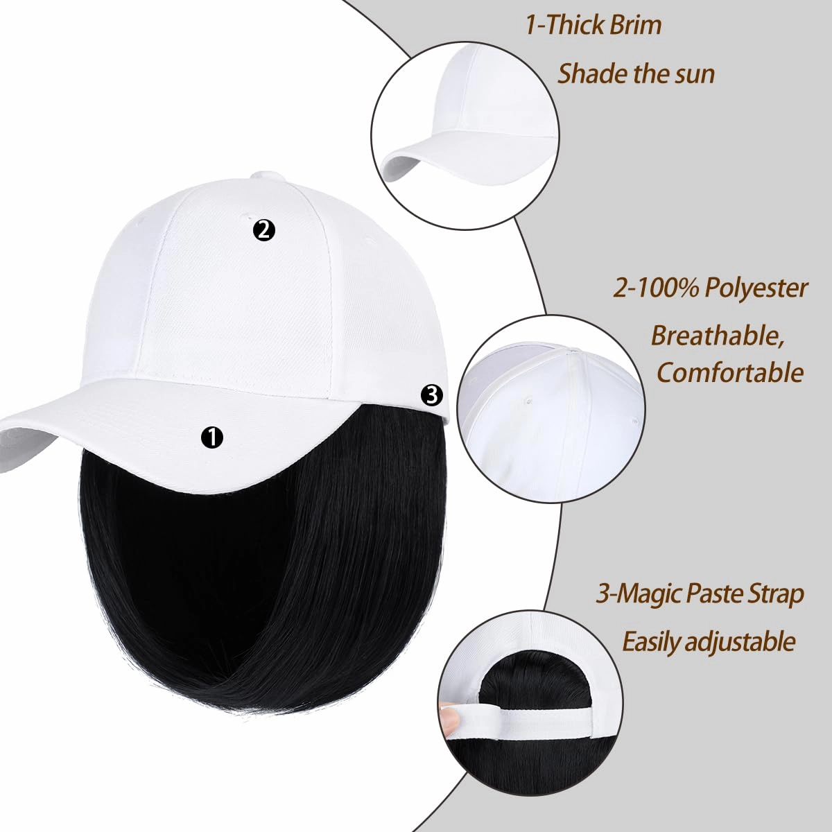 Qlenkay Baseball Cap with Hair Extensions 14inch Straight Short Bob Hairstyle Adjustable Wig Hat Attached Synthetic Hairpiece for Woman Dark Black
