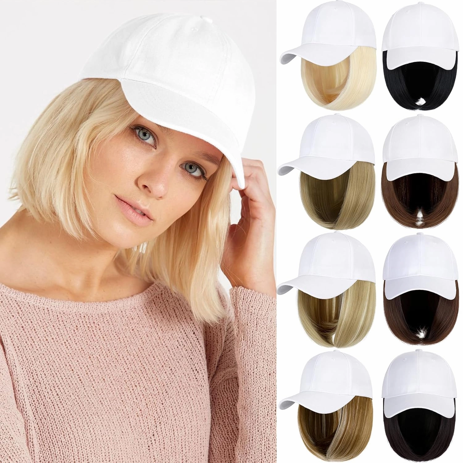 Qlenkay Baseball Cap with Hair Extensions 14inch Straight Short Bob Hairstyle Adjustable Wig Hat Attached Synthetic Hairpiece for Woman Dark Black