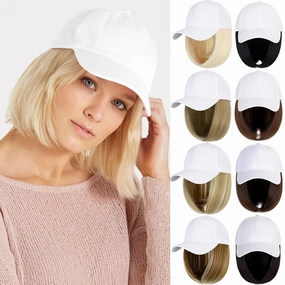Qlenkay Baseball Cap with Hair Extensions 14inch Straight Short Bob Hairstyle Adjustable Wig Hat Attached Synthetic Hairpiece for Woman Dark Black