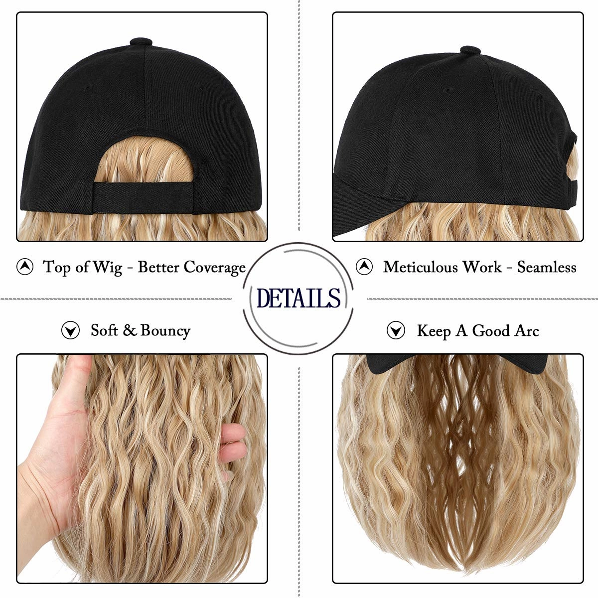 Qlenkay Baseball Cap with Hair Extensions 14inch Wavy Curly Bob Hairstyle Adjustable Wig Hat Attached Synthetic Hairpiece for Woman Baby Blonde Mix Bleach Blonde